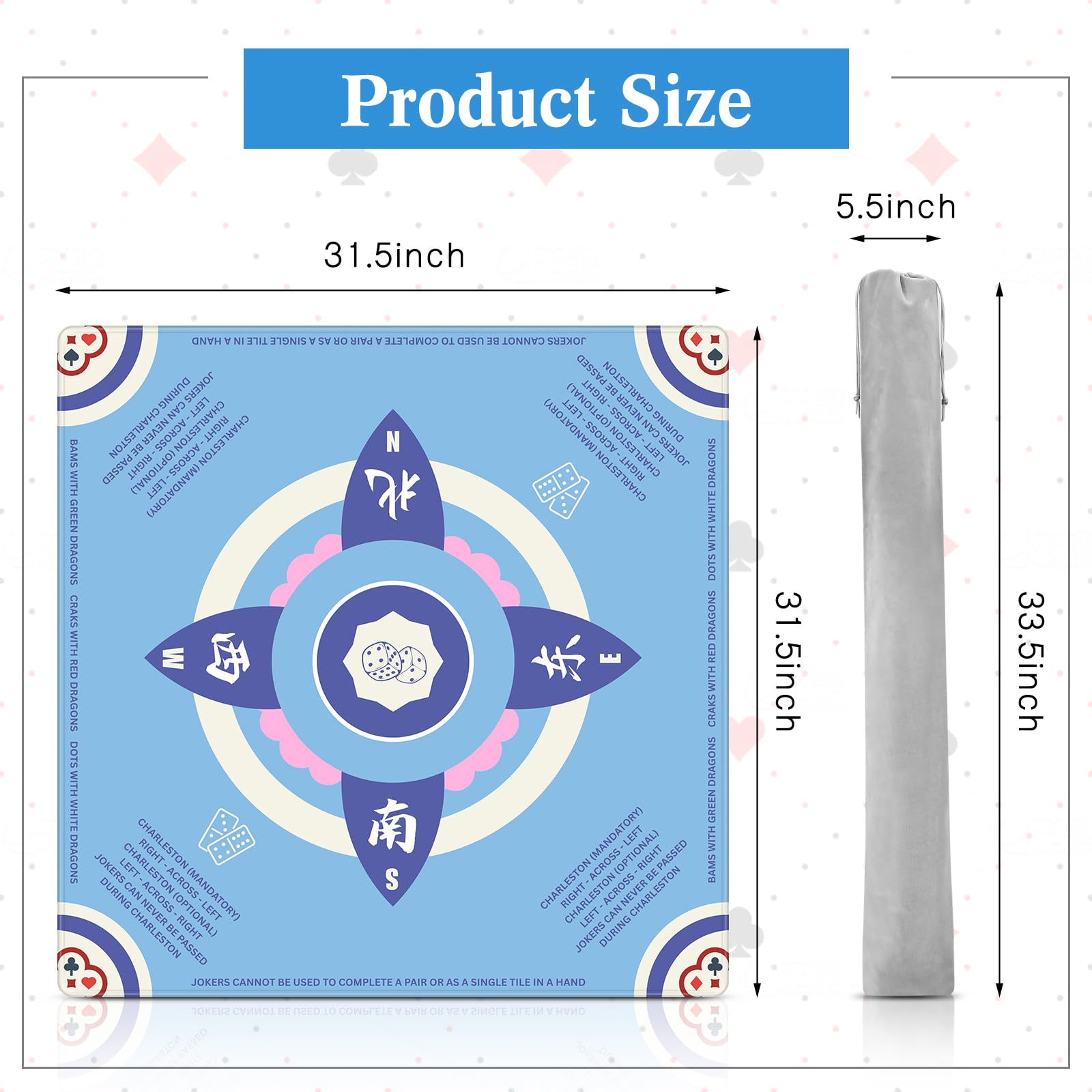 Mahjong Mat 31.5x31.5 Inch Thickened Non-Slip Rubber Base with Carrying Bag