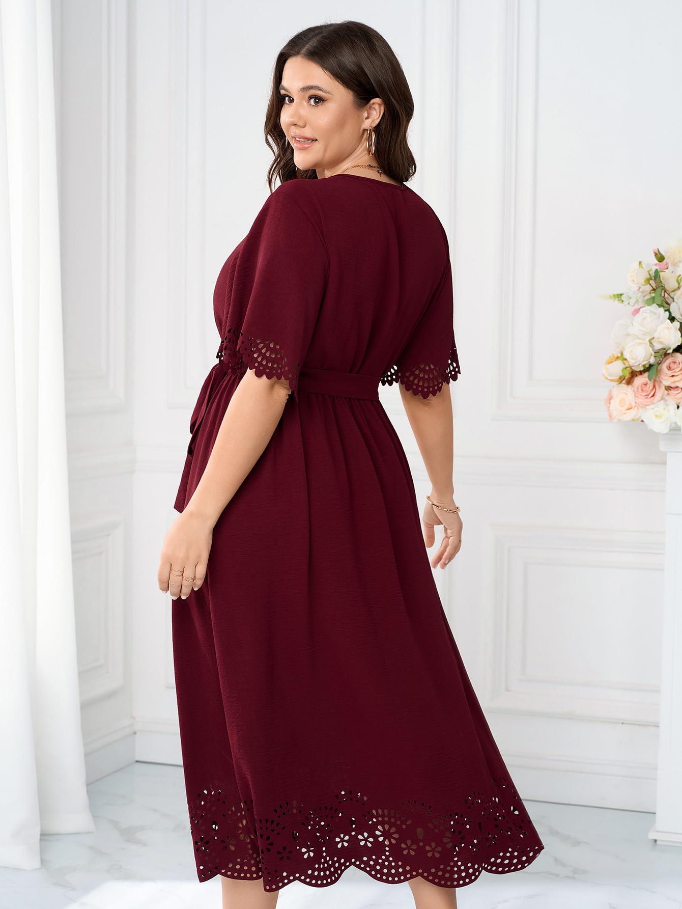 HICISI Womens Plus Size Wrap V Neck A-Line Maxi Dress with Belt Red XX-Large