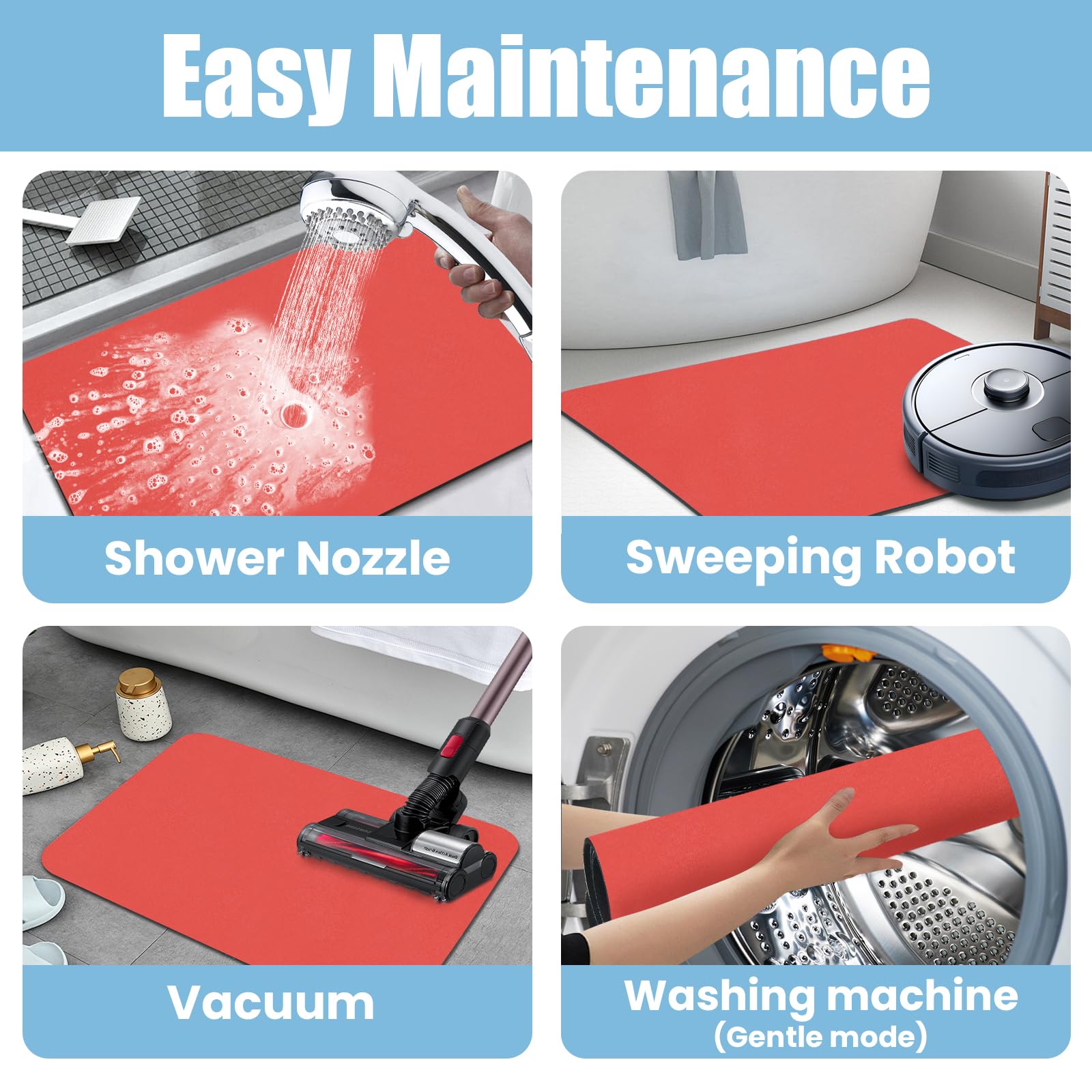 PROOVEELLY Diatomaceous Earth Bath Mat Non Slip Quick Dry Red 15.7x35.4