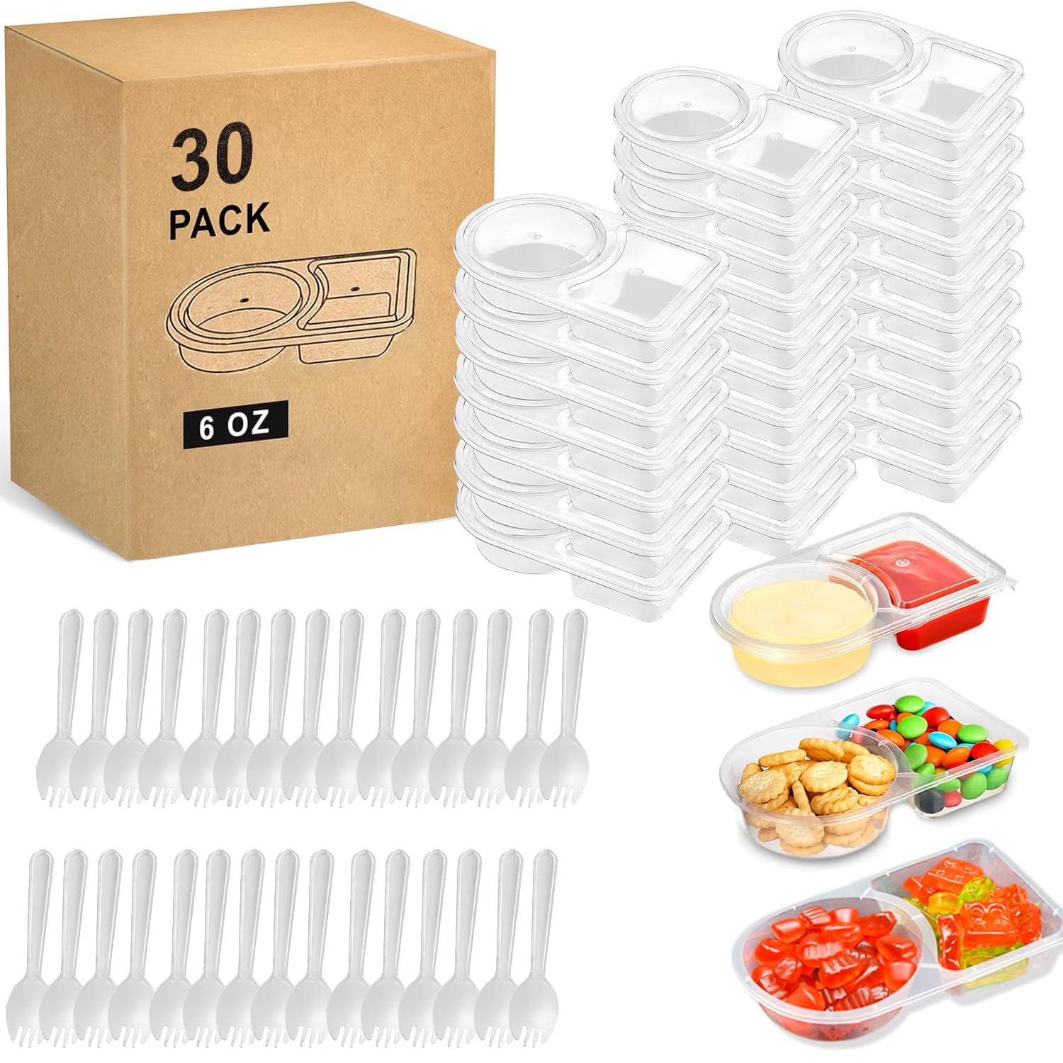 Coraltree 30PCS 6oz Snack Pack Containers Double Compartment Transparent