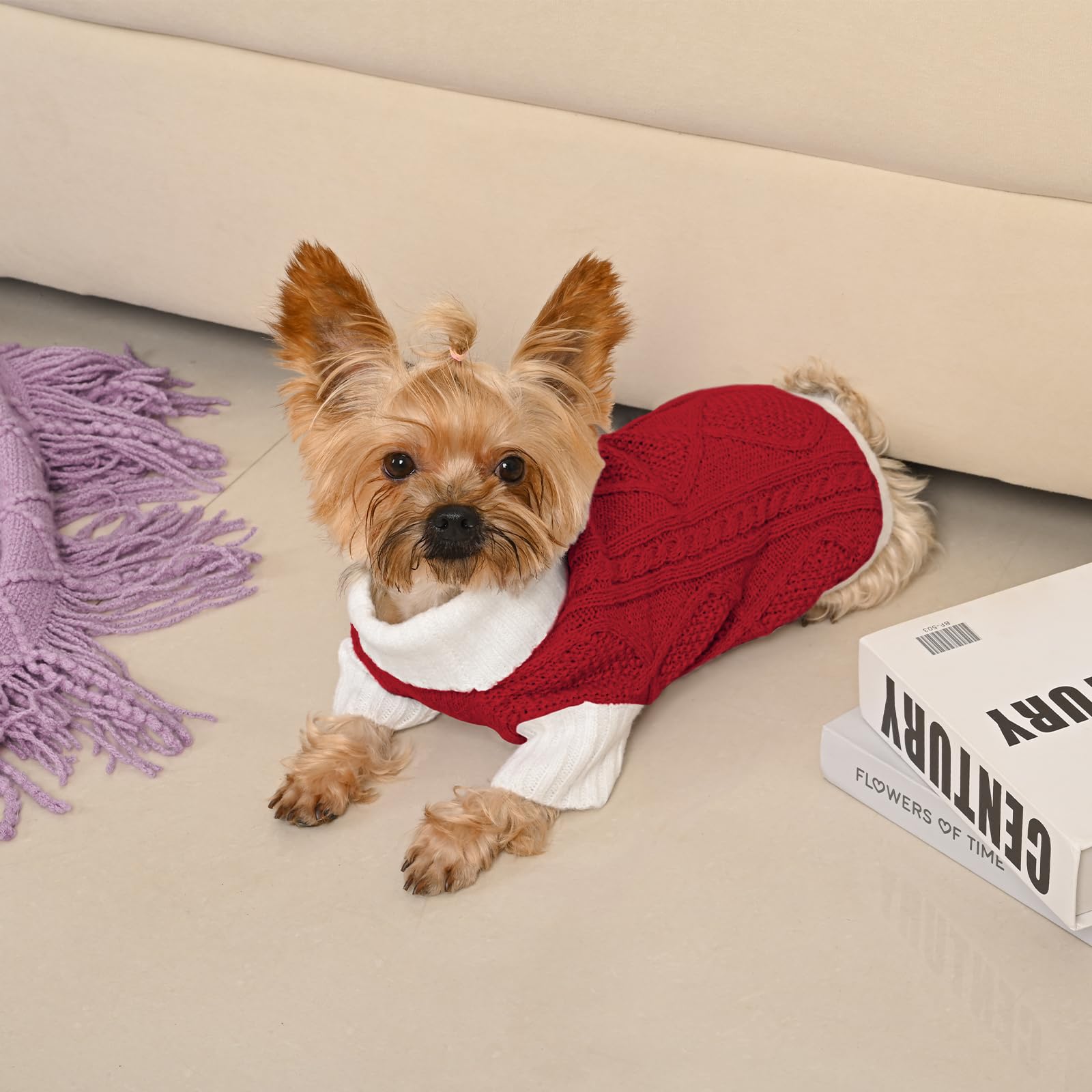 Lorehelina Dog Sweater Argyle Cable Knit Turtleneck Red Size S