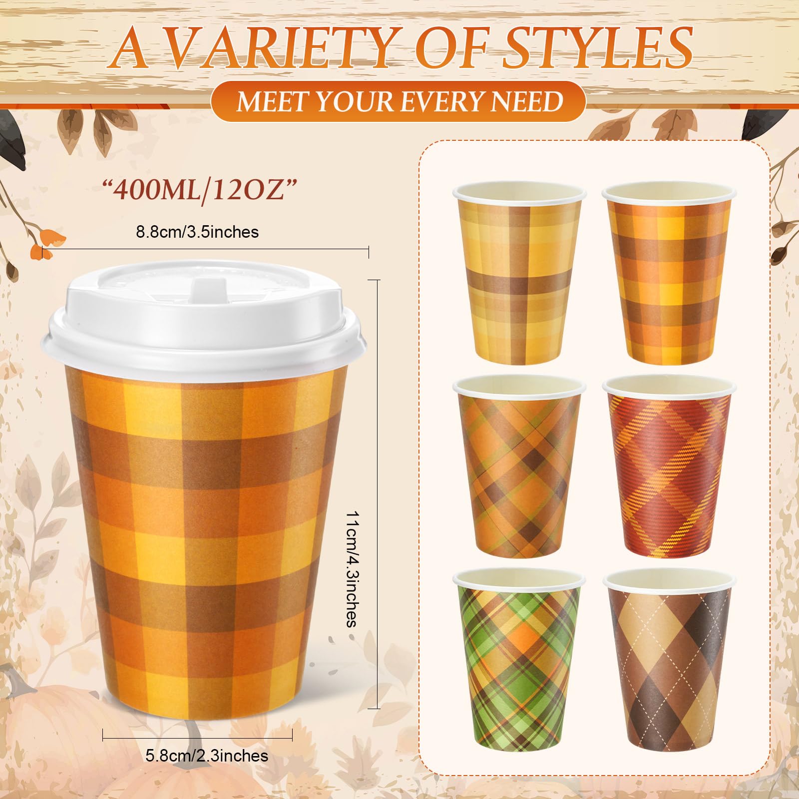 Sunnychicc 120 Pcs 12oz Fall Disposable Coffee Cups with Lids Checkered Design