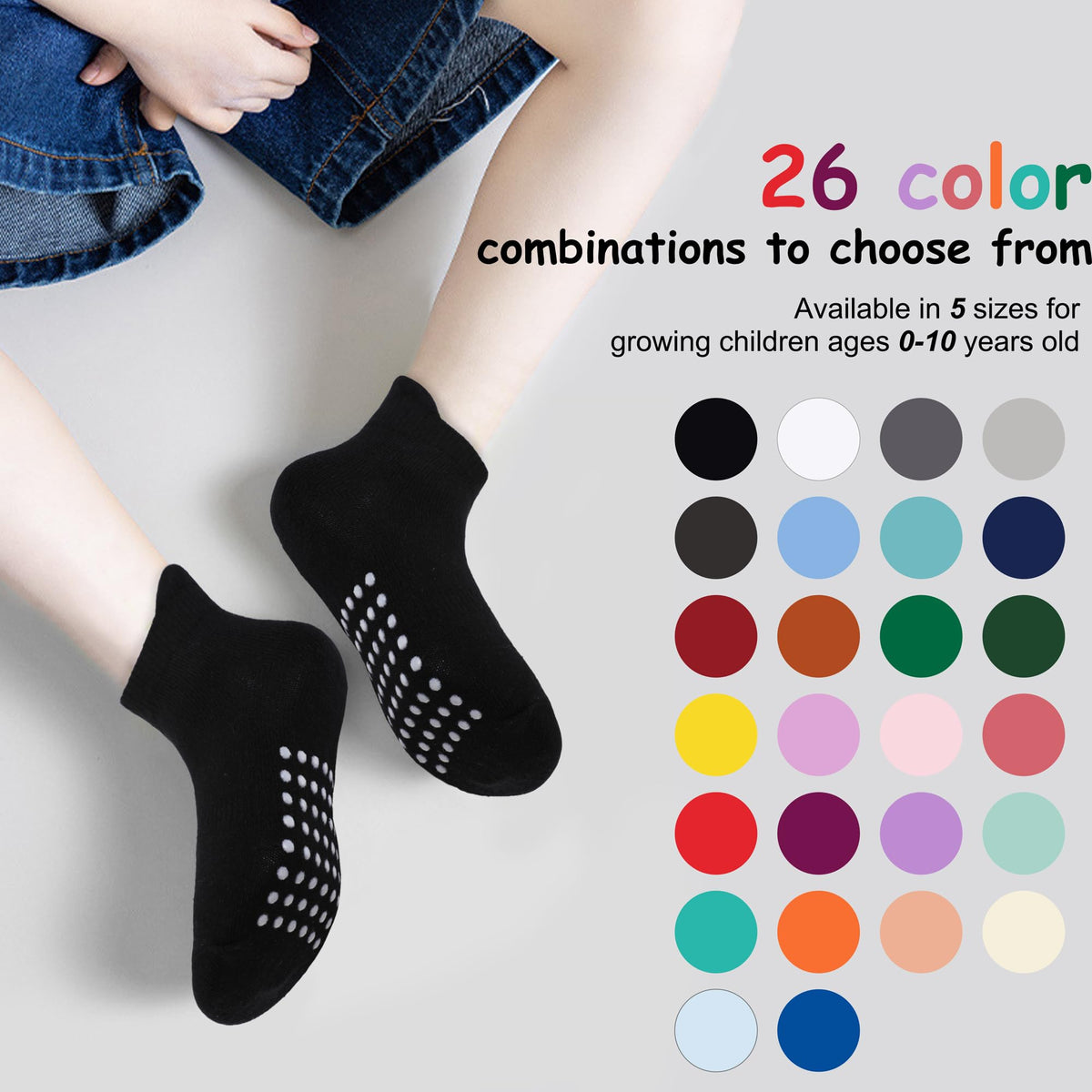 jealkip 12 Pairs Baby and Toddler Socks,Soft Cotton Non-Slip Ankle Socks for New Born,Boys and Girls,8-10 Years,(Red/Dark Purple/Sapphire Blue/DarkGreen/Orange/Yellow)