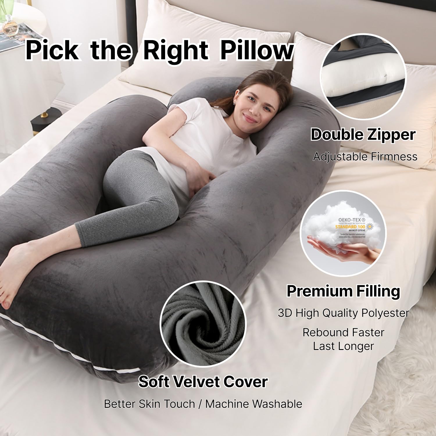 ALLOPERA Pregnancy Pillow Full Body 57in Maternity Sleep Support Black Grey XL