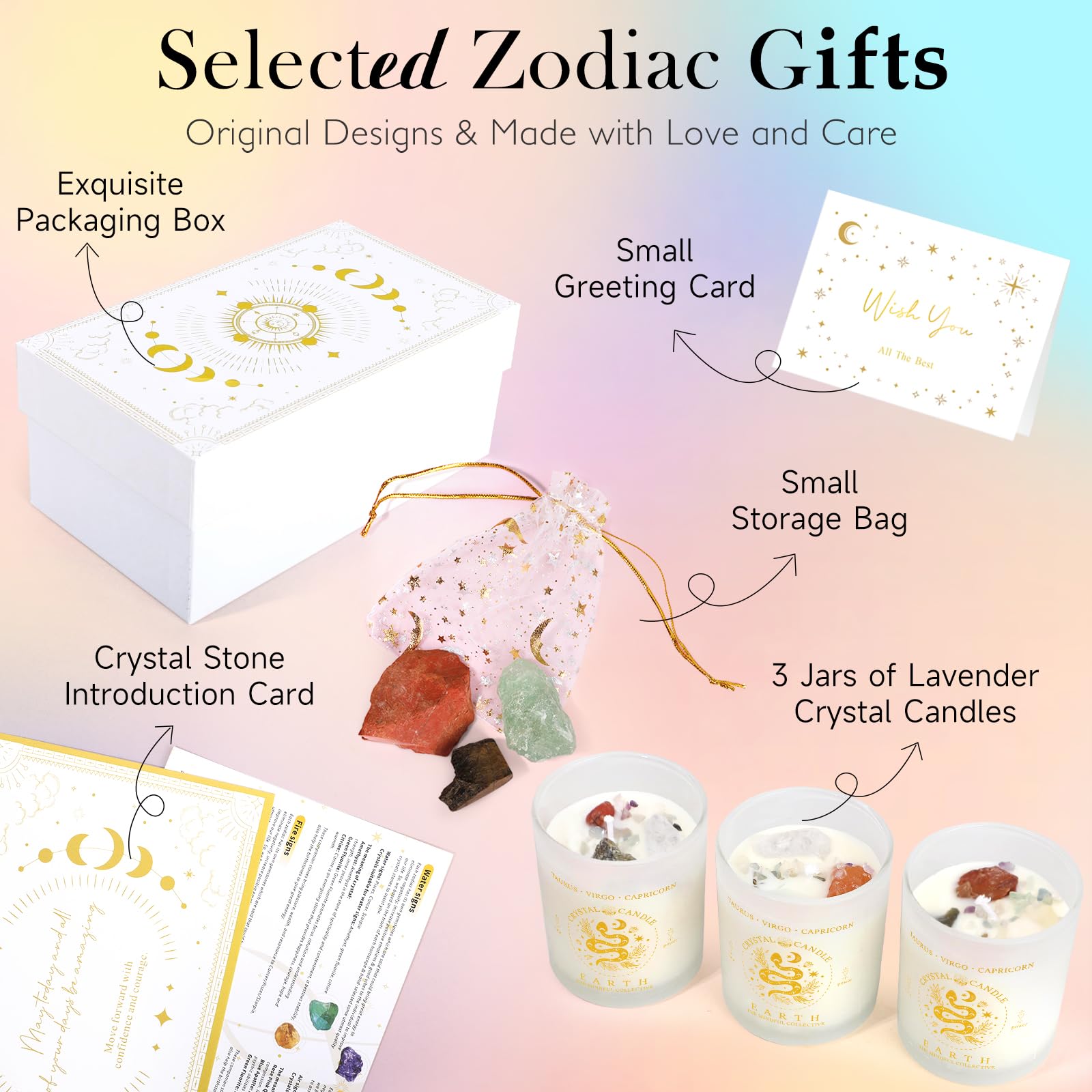 Suhctuptx Zodiac Lavender Scented Soy Candles Healing Crystals Fire Signs Small