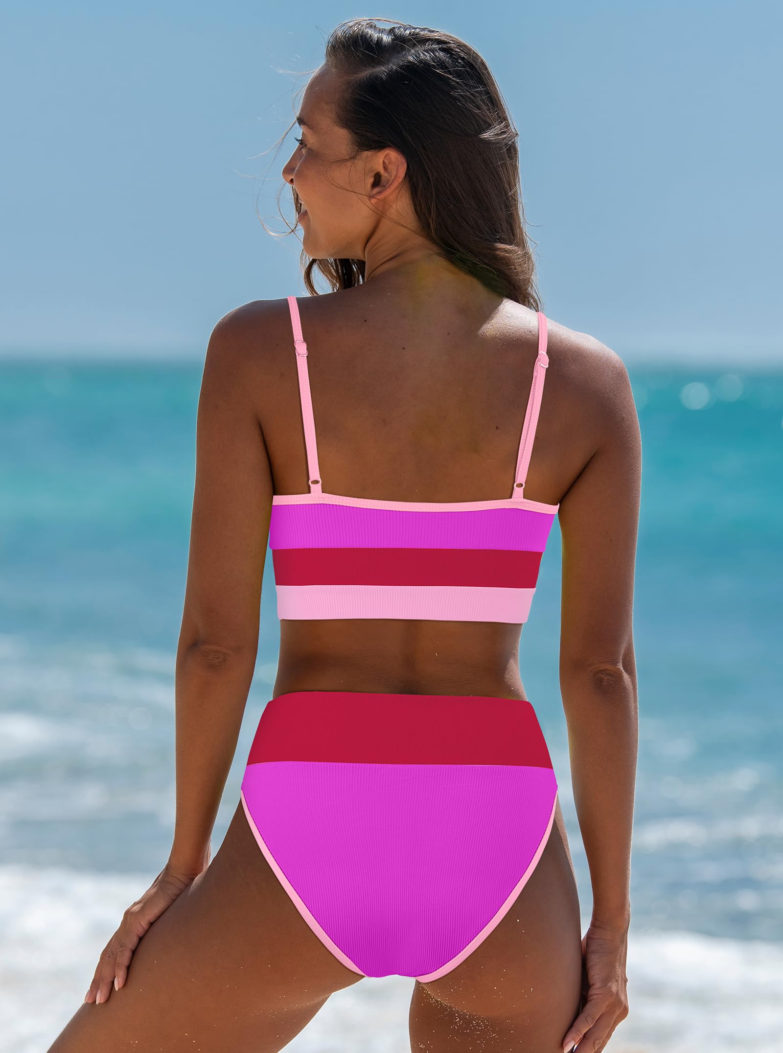 popvil Women Bikini Set High Waisted Ribbed Neon Pink Striped Adjustable Size M