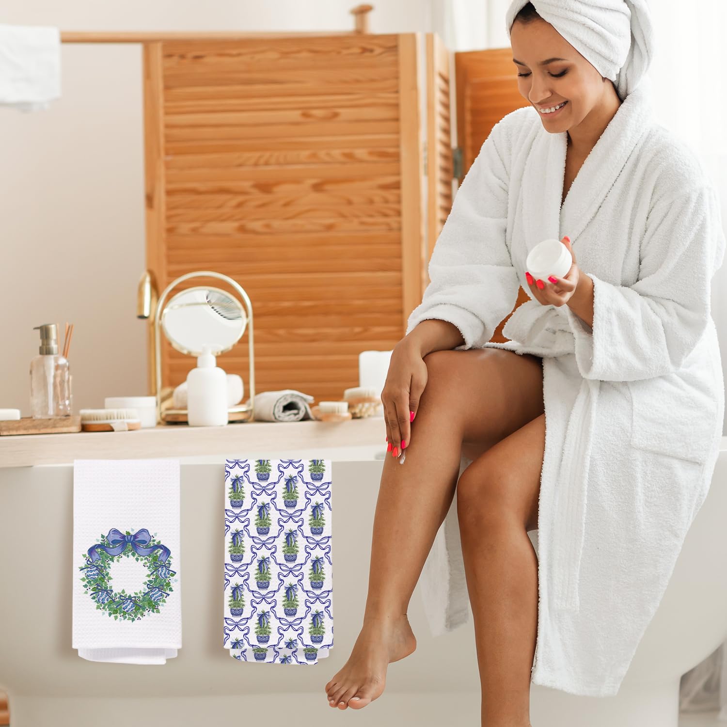 Chinoiserie Christmas Kitchen Towels Set of 2 Pink Bow 16x24 Inches