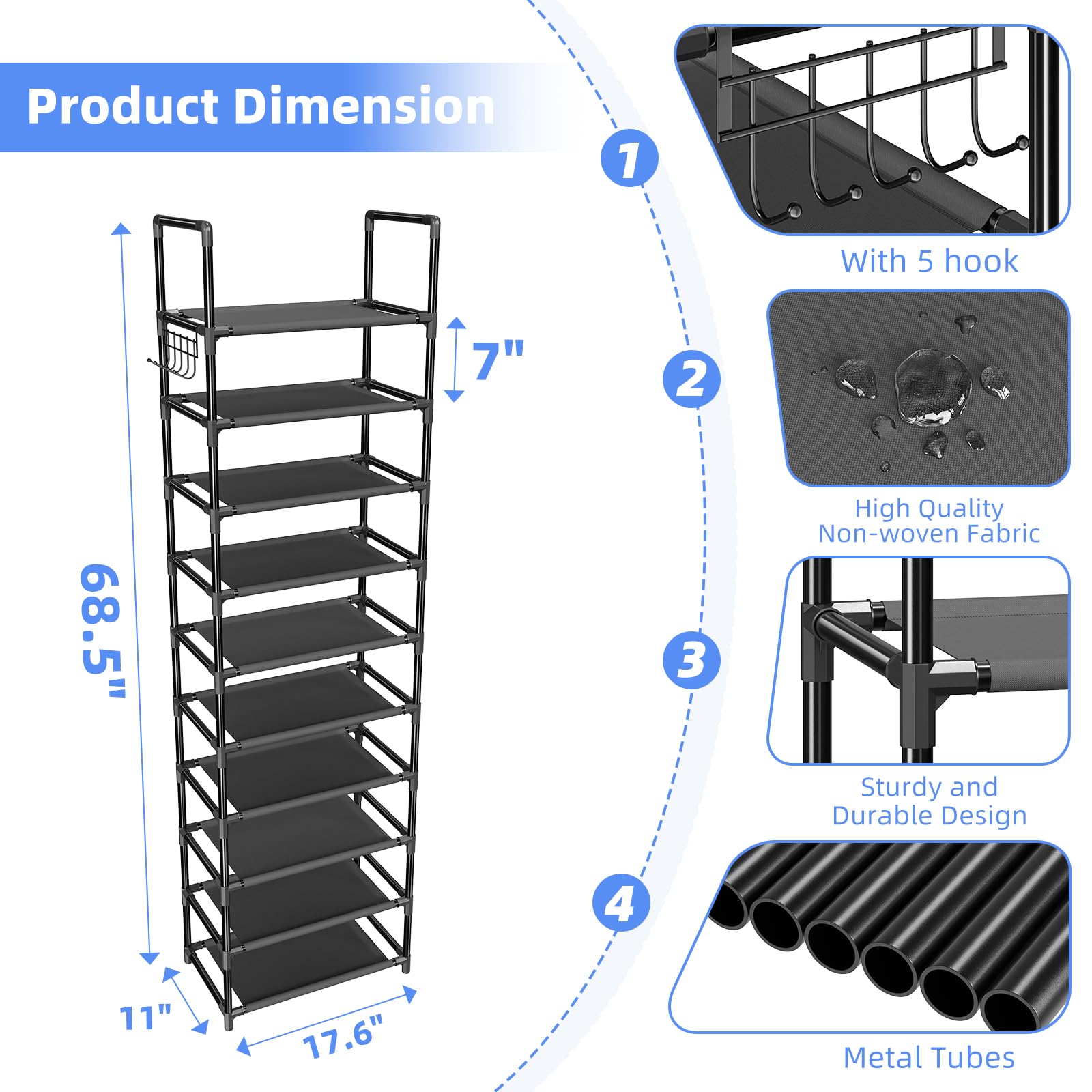 Simple Trending Tall Shoe Rack 10 Tiers Holds 20 Pairs with Hooks Black
