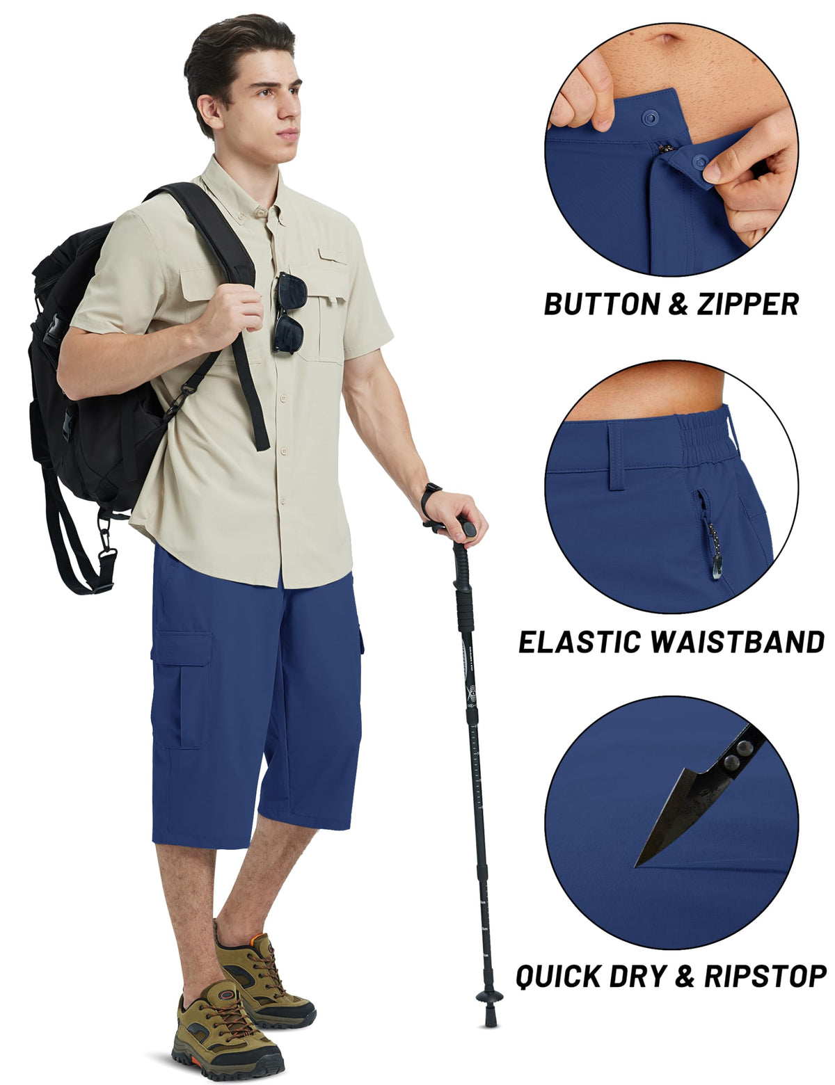 TACVASEN Capri Long Shorts for Men Stretch Elastic Waist Quick Dry Lightweight Cargo Hiking Gym Running Summer Outdoor Blue