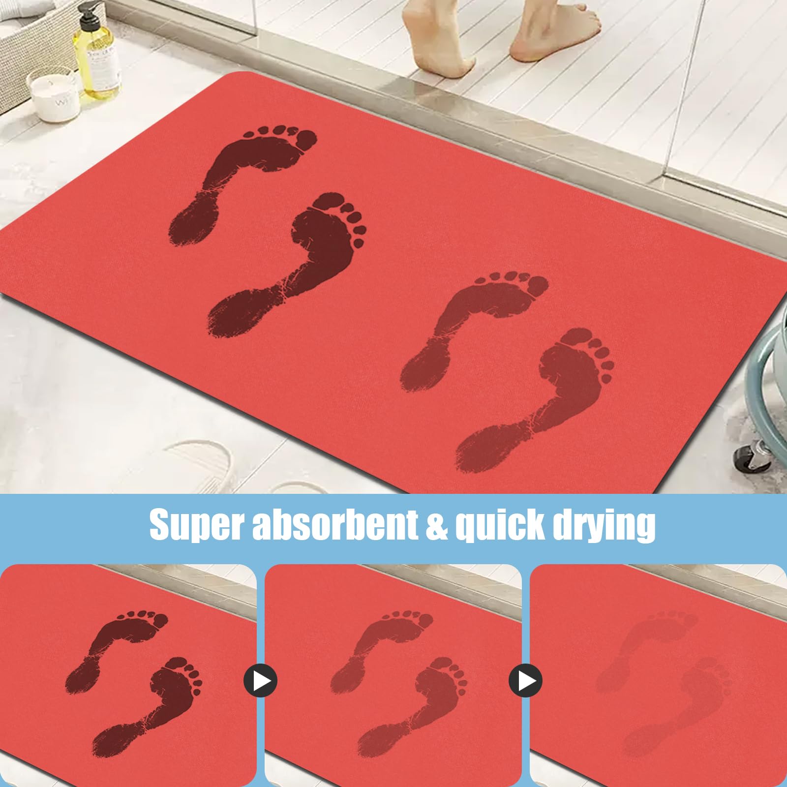 PROOVEELLY Diatomaceous Earth Bath Mat Non Slip Quick Dry Red 15.7x35.4