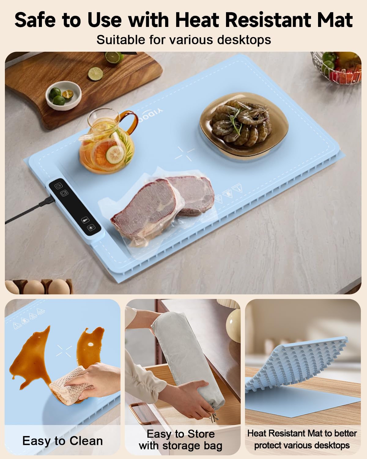YIDOO Electric Food Warming Tray 5 Temp 4H Timer Silicone Baby Blue Size L