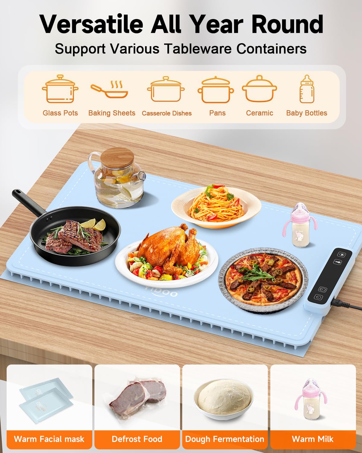 YIDOO Electric Food Warming Tray 5 Temp 4H Timer Silicone Baby Blue Size L