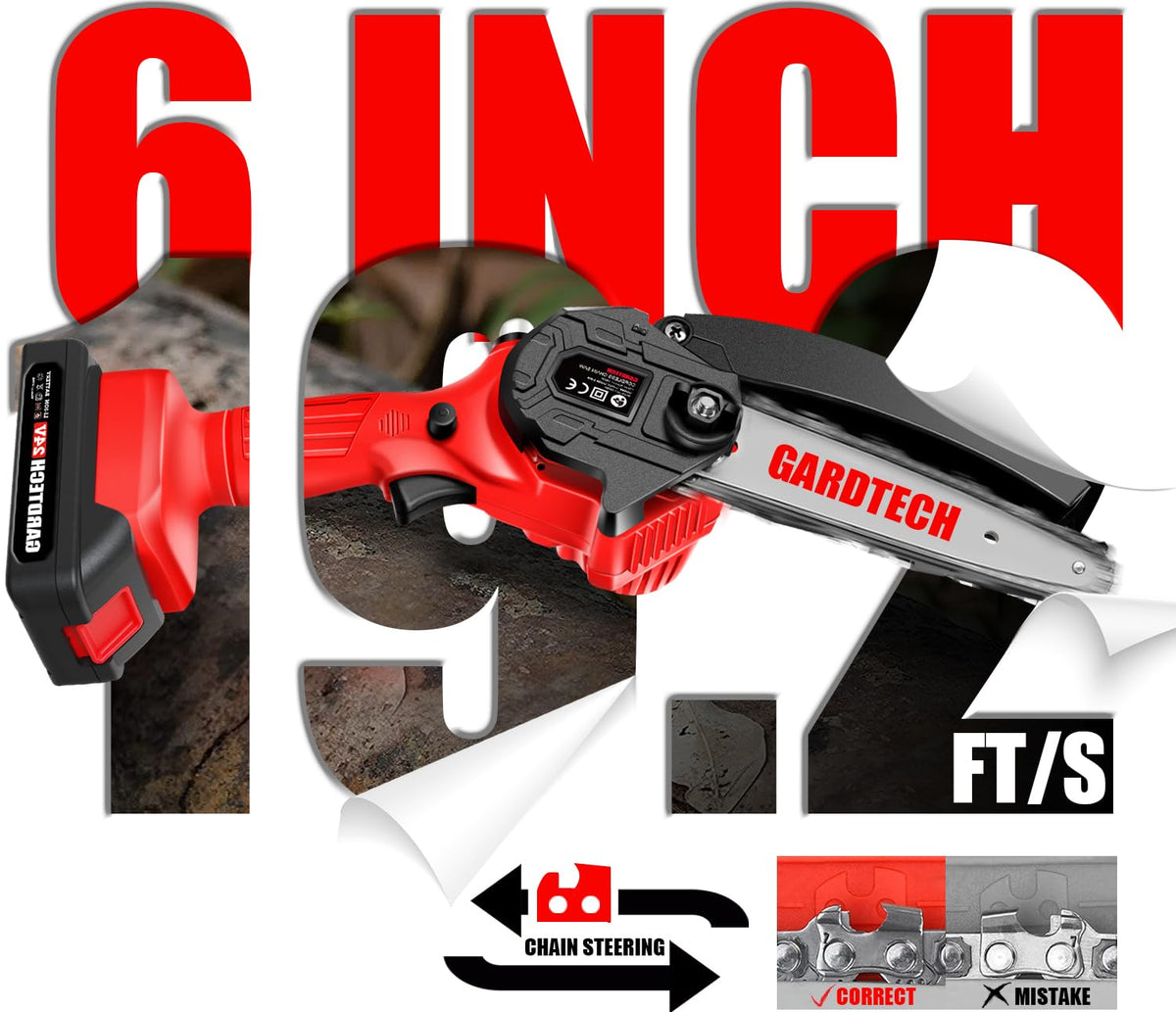 GARDTECH Mini Chainsaw Cordless 6 Inch - Portable Electric Chainsaw Cordless Battery Powered, Handheld Small Chain Saw with 2-side Security Lock [Southpaws Friendly] for Wood Cutting, Pruning Branches