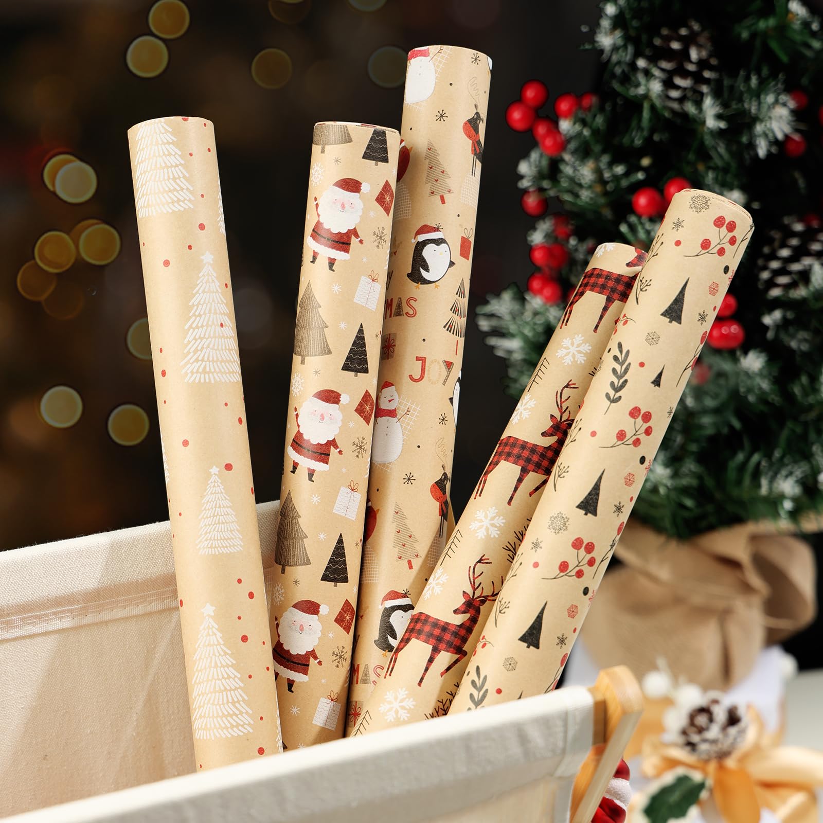 Qukou Christmas Wrapping Paper Kraft Brown Reindeer Woodlands 17ft x 50ft 5Rolls