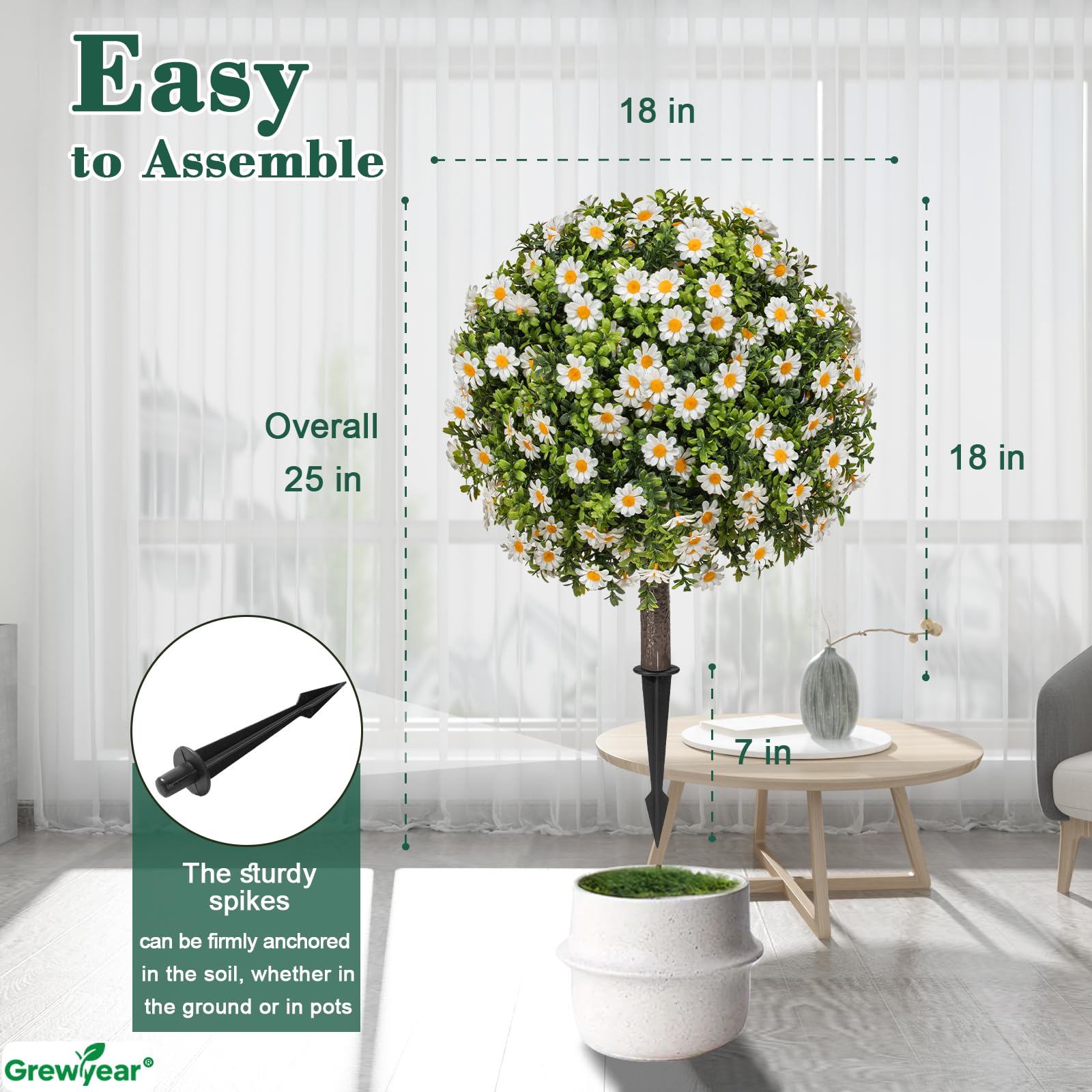Grewyear Set of 2 Artificial Topiary Ball Trees with White Mum Outdoor