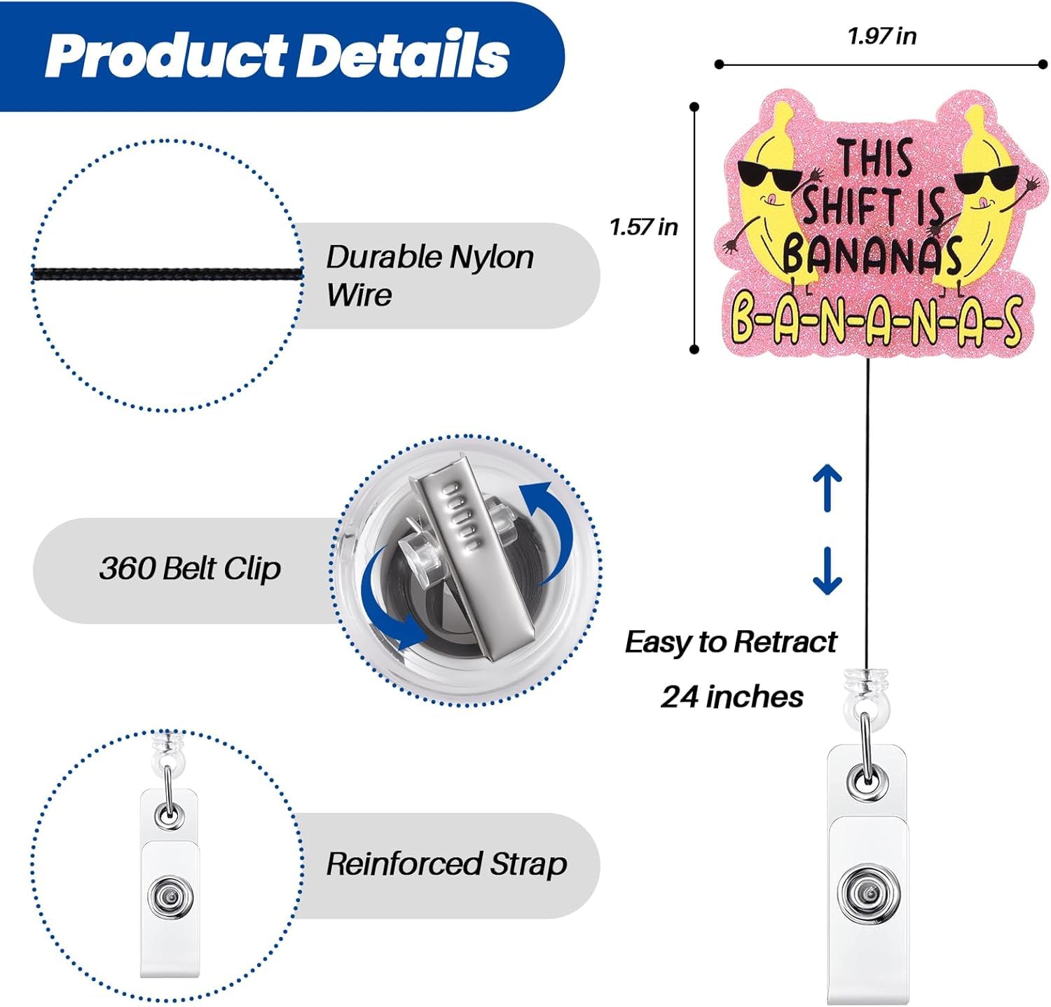 Funny Bananas Badge Reel Retractable Medical ID Clip Glitter Nurse Doctor