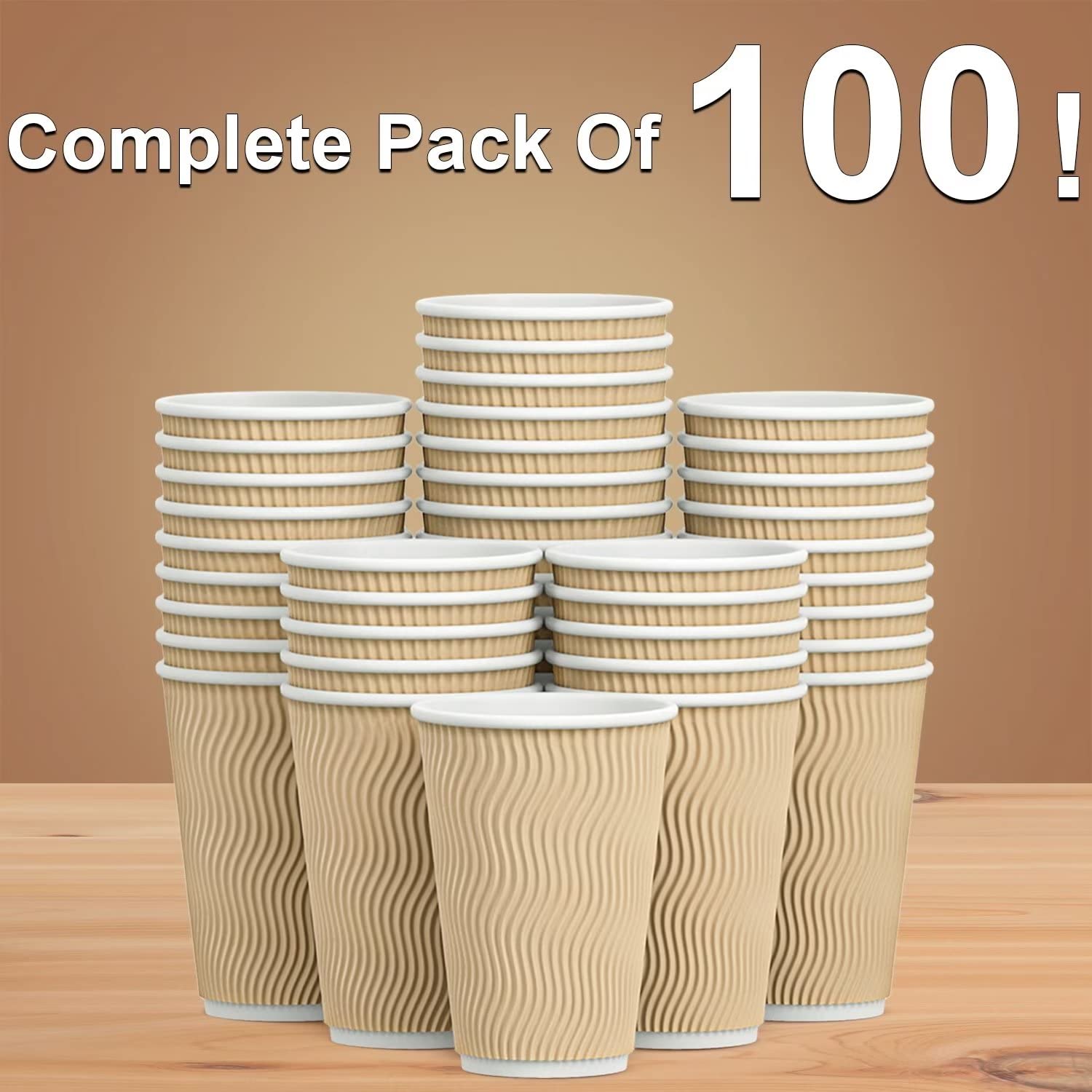 Luckypack Hot Paper Cups 16oz Disposable Insulated Ripple Wall Brown 100pcs