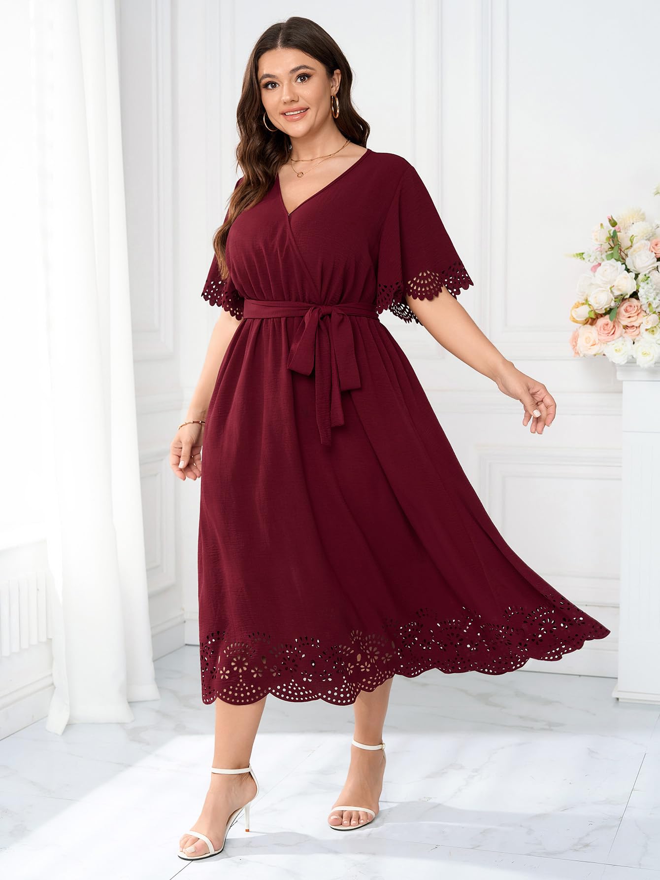HICISI Womens Plus Size Wrap V Neck A-Line Maxi Dress with Belt Red XX-Large