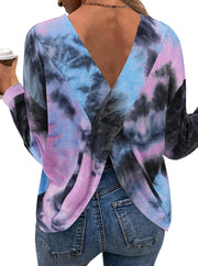 LilyCoco Long Sleeve Open Back Criss Cross Tie Dye Top Black Size L
