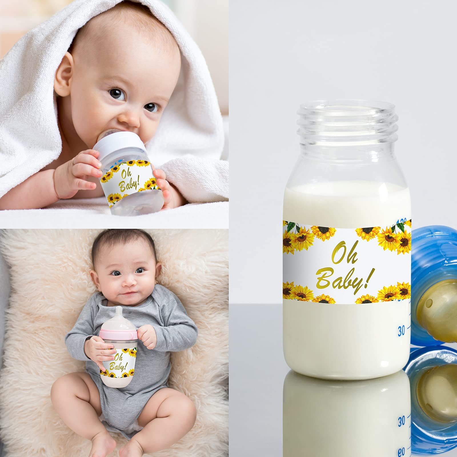 Outus 40pcs Sunflower Baby Shower Water Bottle Labels Floral Waterproof