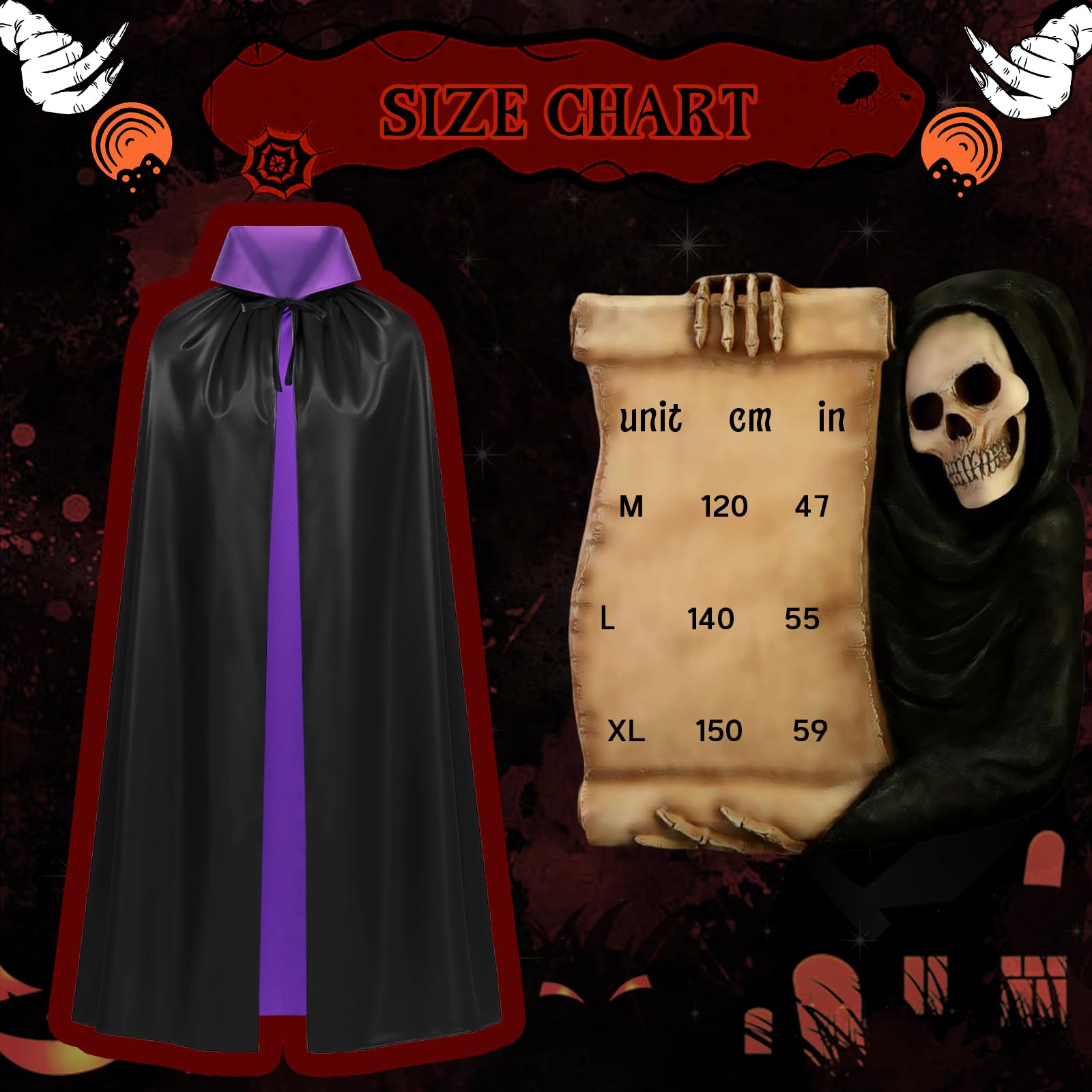 ROC PARTY Reversible Vampire Cape Black Purple Velvet Satin Hooded Cloak Size M