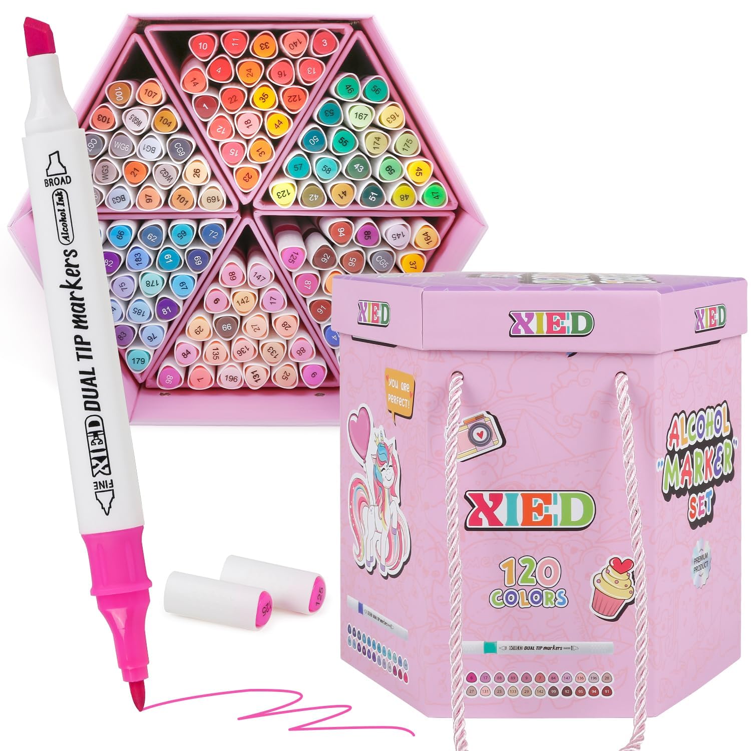 XIEED 2025 Upgraded Alcohol Markers 120 Colors Fine & Broad Tips Pink