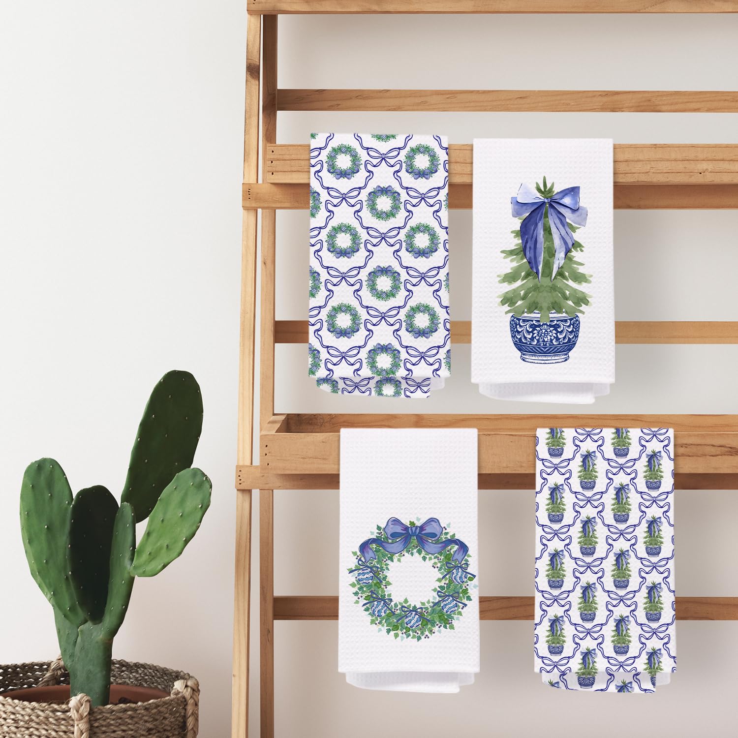 Chinoiserie Christmas Kitchen Towels Set of 2 Pink Bow 16x24 Inches