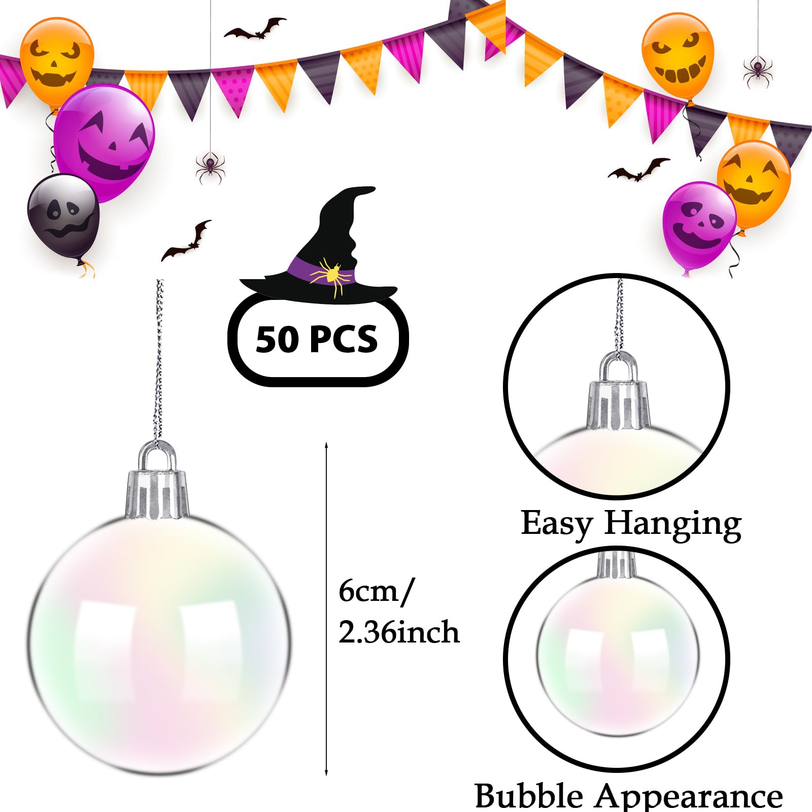 Haawooky 50 PCS Iridescent Plastic Ornaments Balls 2.36 Inch Clear Rainbow