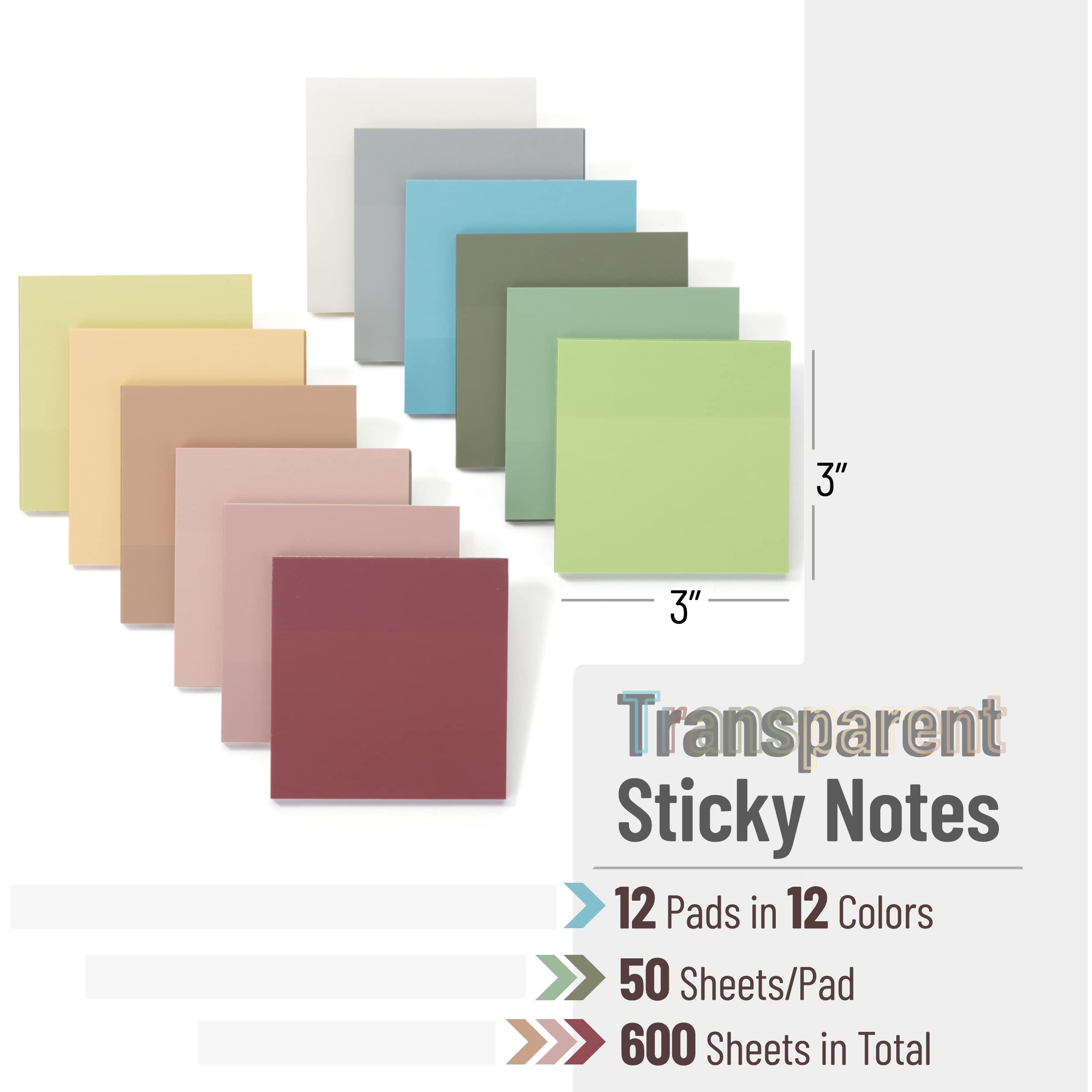 Mr. Pen Transparent Sticky Notes 3x3 Vintage Colors 12 Pads 600 Sheets