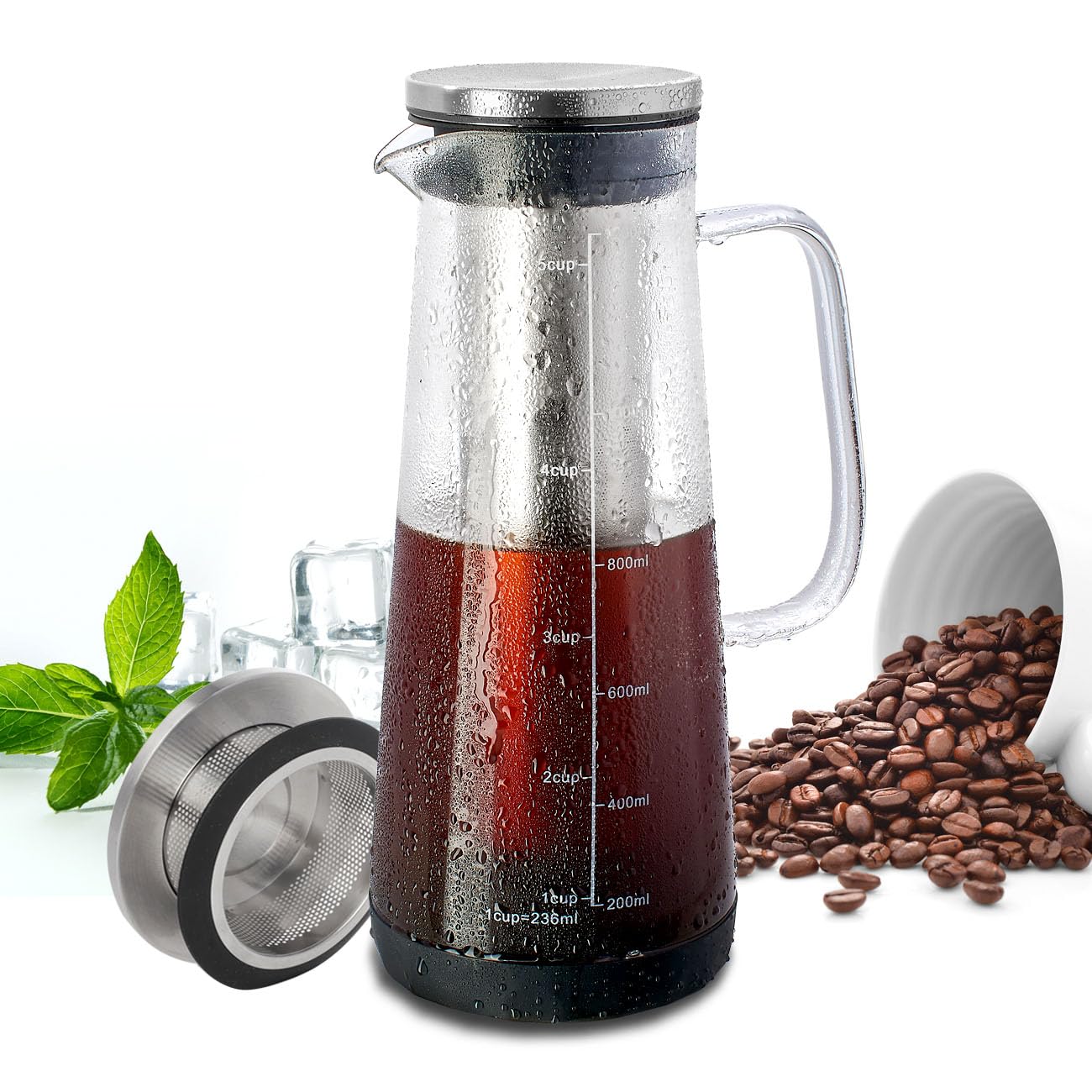 LHS Cold Brew Coffee Maker Glass Pitcher 1.2L 40oz Stainless Steel Filter