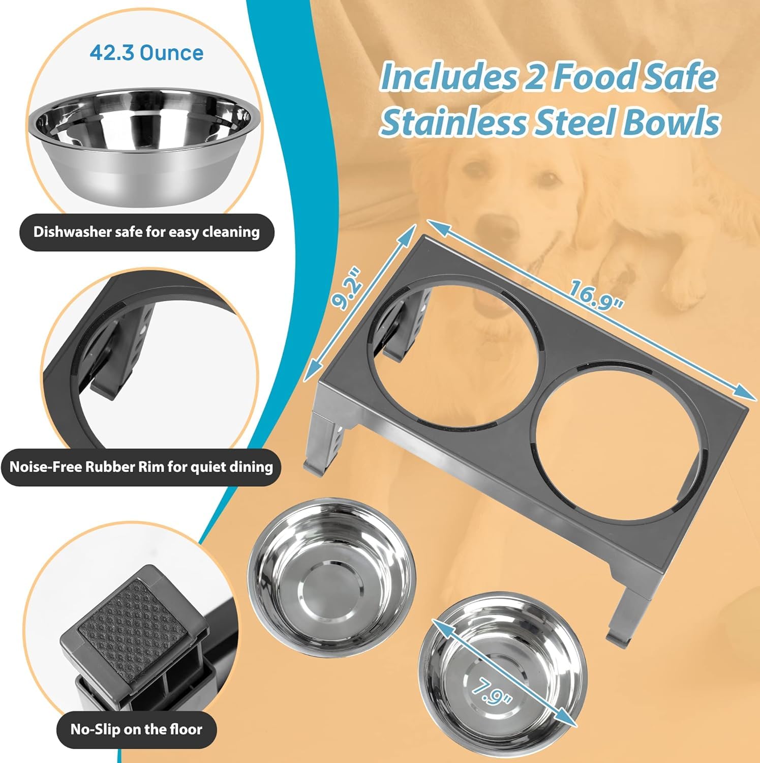Niubya Elevated Dog Bowls Adjustable Raised Feeder w 2 Stainless Bowls