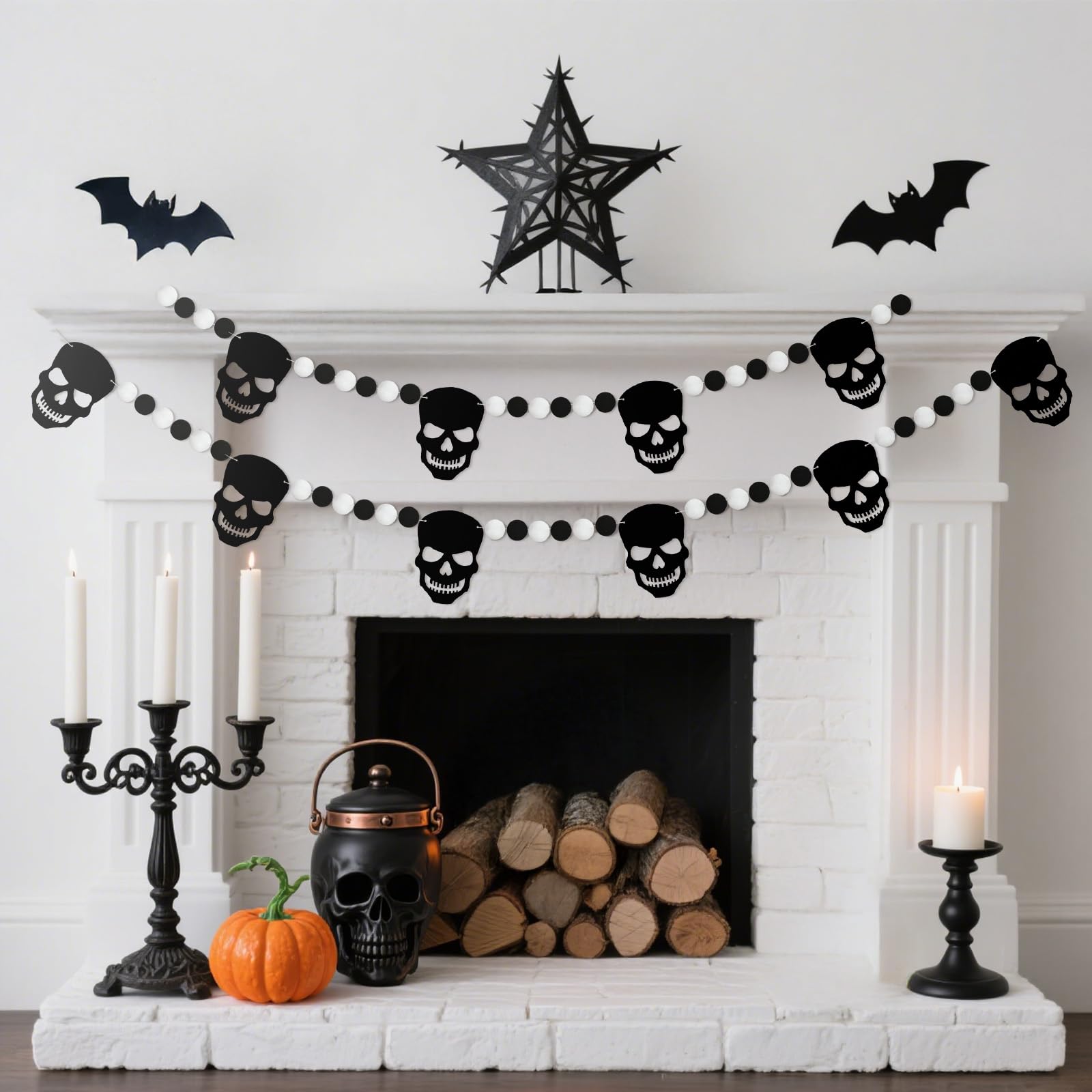 GCQQ Black White Skull Pompom Garland 6.4FT 2 Packs Halloween Decor