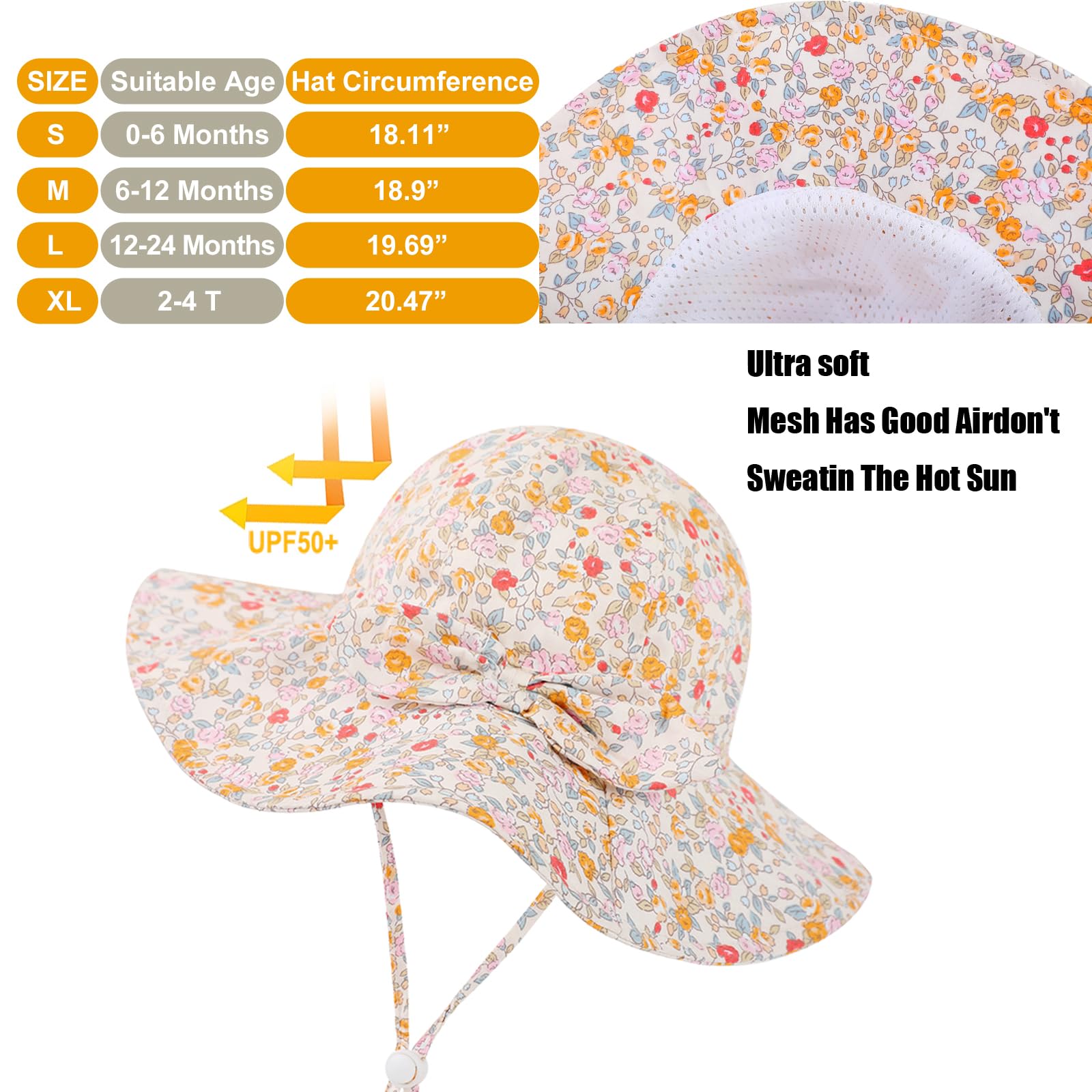 Mookiraer Baby Girl Sun Hat UPF 50+ Wide Brim Orange Heart Size 6-12 Months