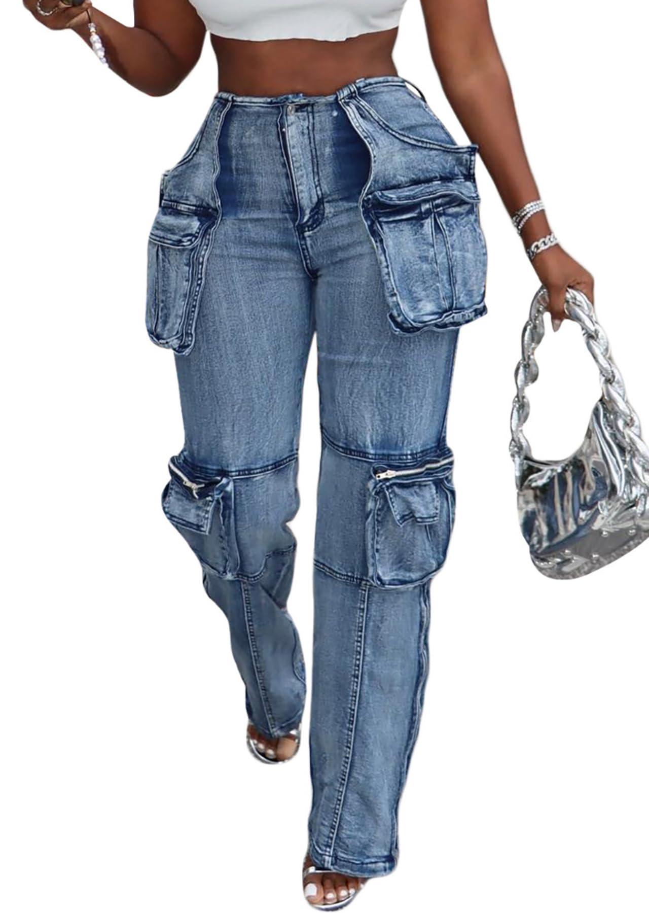 Vaceky Women's Stretch Cargo Jeans Straight Leg Side Zipper Blue Large