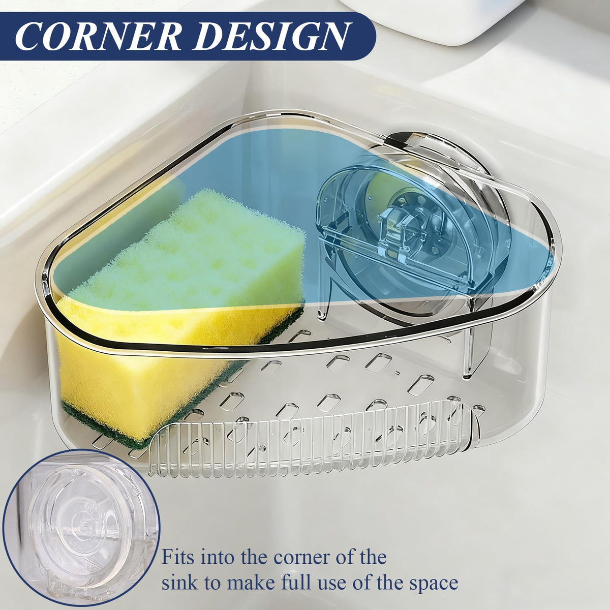 Plman Sink Strainer Basket, Triangle Suction Cup Sink Corner Rack, New Upgraded Corner Sink Strainer with Drainage Hole, Punch-free Corner Sink Trash Catcher for Kitchen and Bathroom (Transparent)