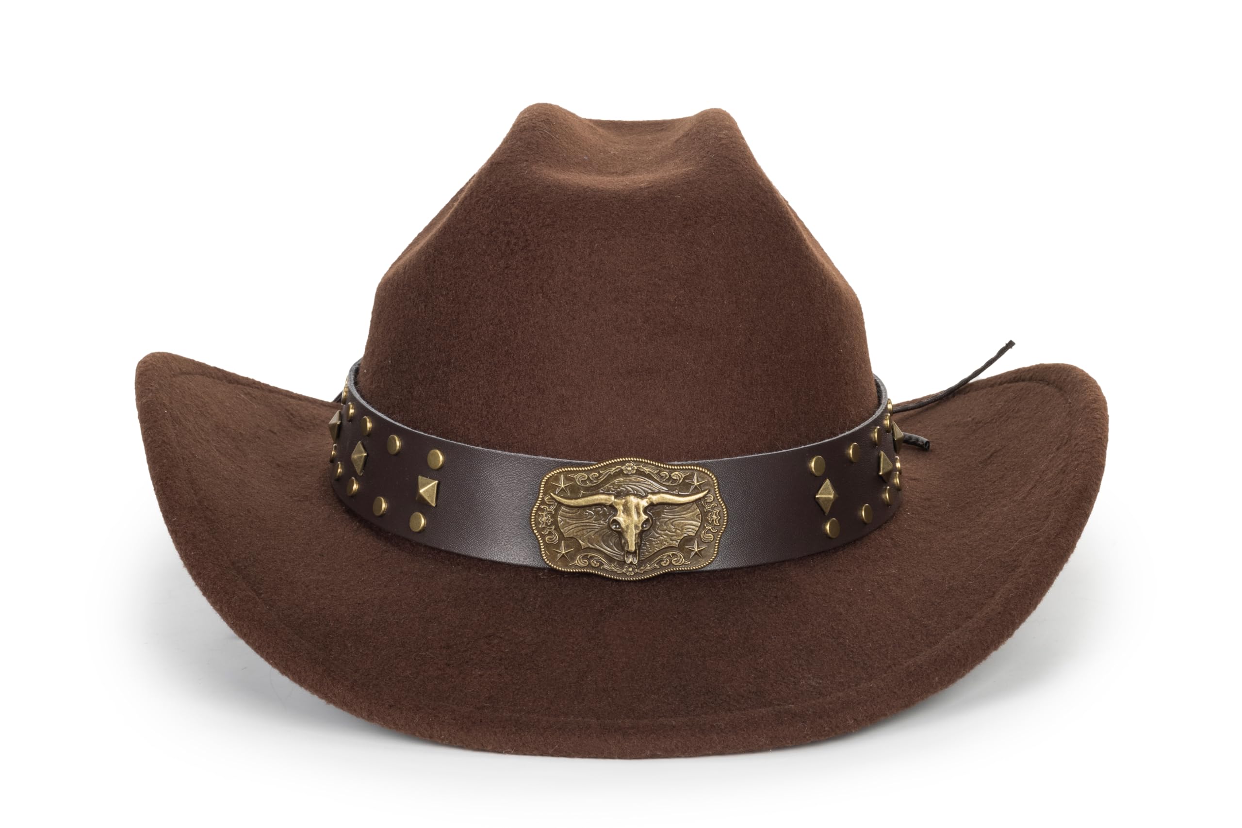 FGSS Western Cowboy Hats Unisex Wide Brim Felt Fedora Brown-Rivet