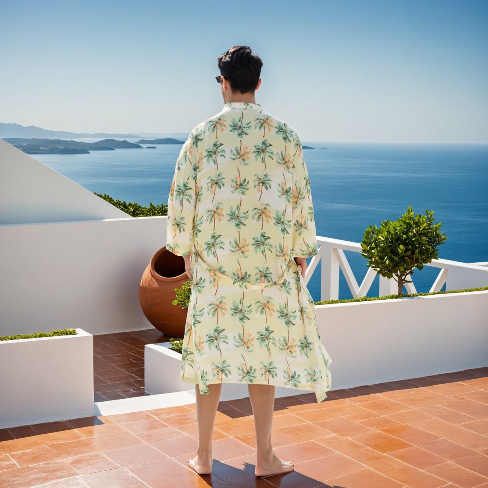 Generic Men's Lightweight Kimono Robe and Shorts Set Green Palm Tree XX-Large