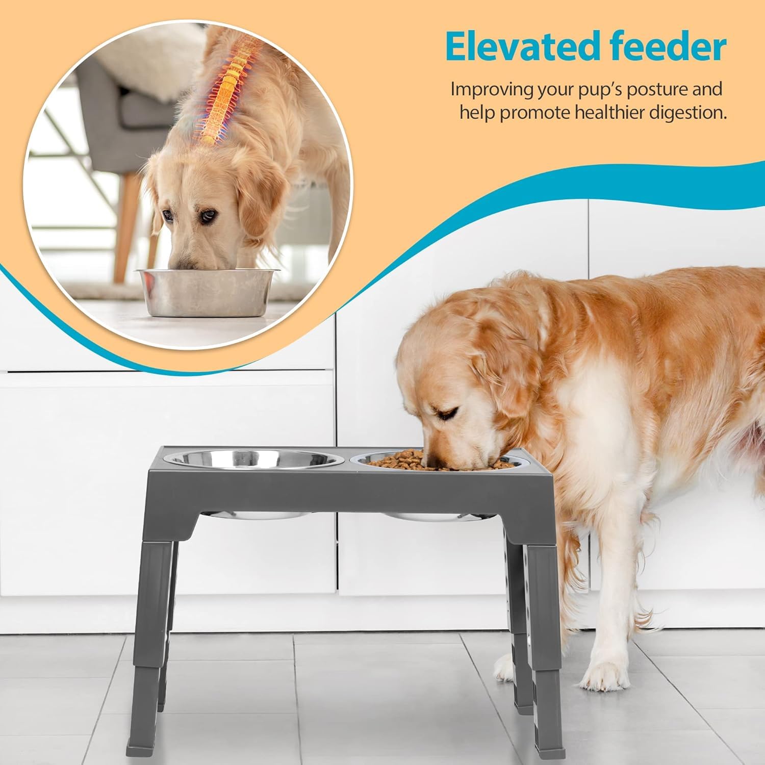 Niubya Elevated Dog Bowls Adjustable Raised Feeder w 2 Stainless Bowls