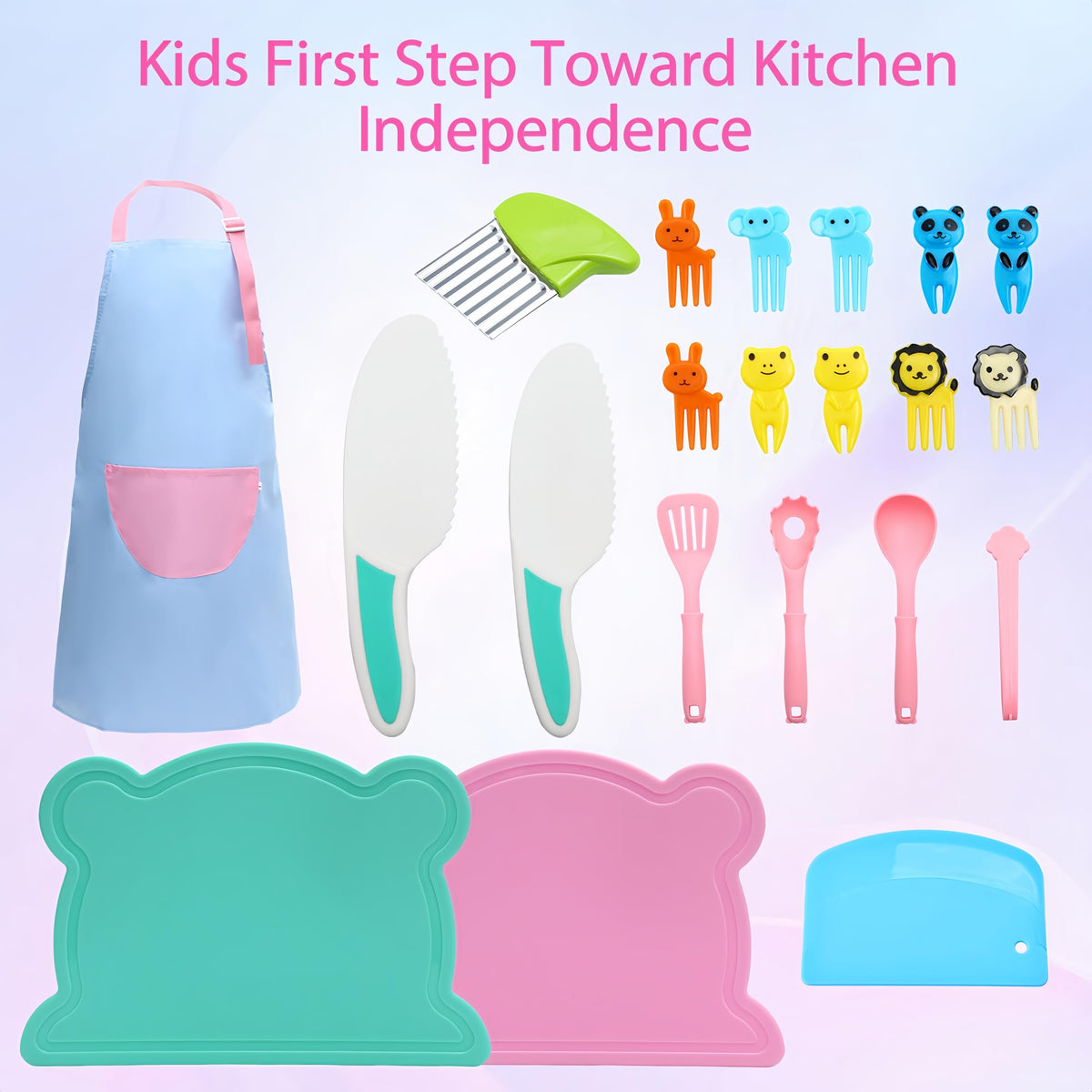 Kids Knife Set for Real Cooking 21 PCS Toddler Knife Set with Cutting Board, Crinkle Cutter, Cake Sscrapers,Apron,Serrated Edges kids kitchen knife set