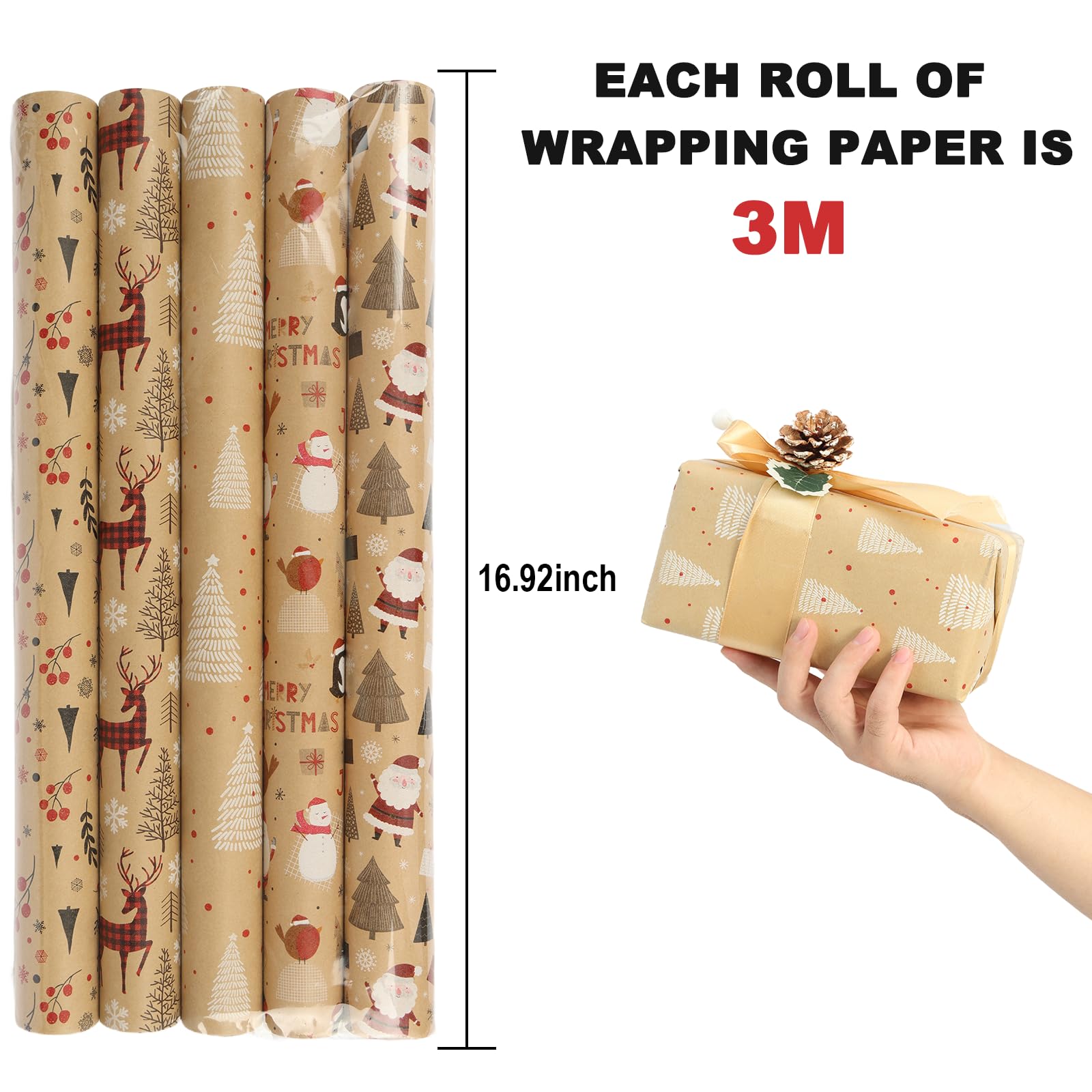 Qukou Christmas Wrapping Paper Kraft Brown Reindeer Woodlands 17ft x 50ft 5Rolls