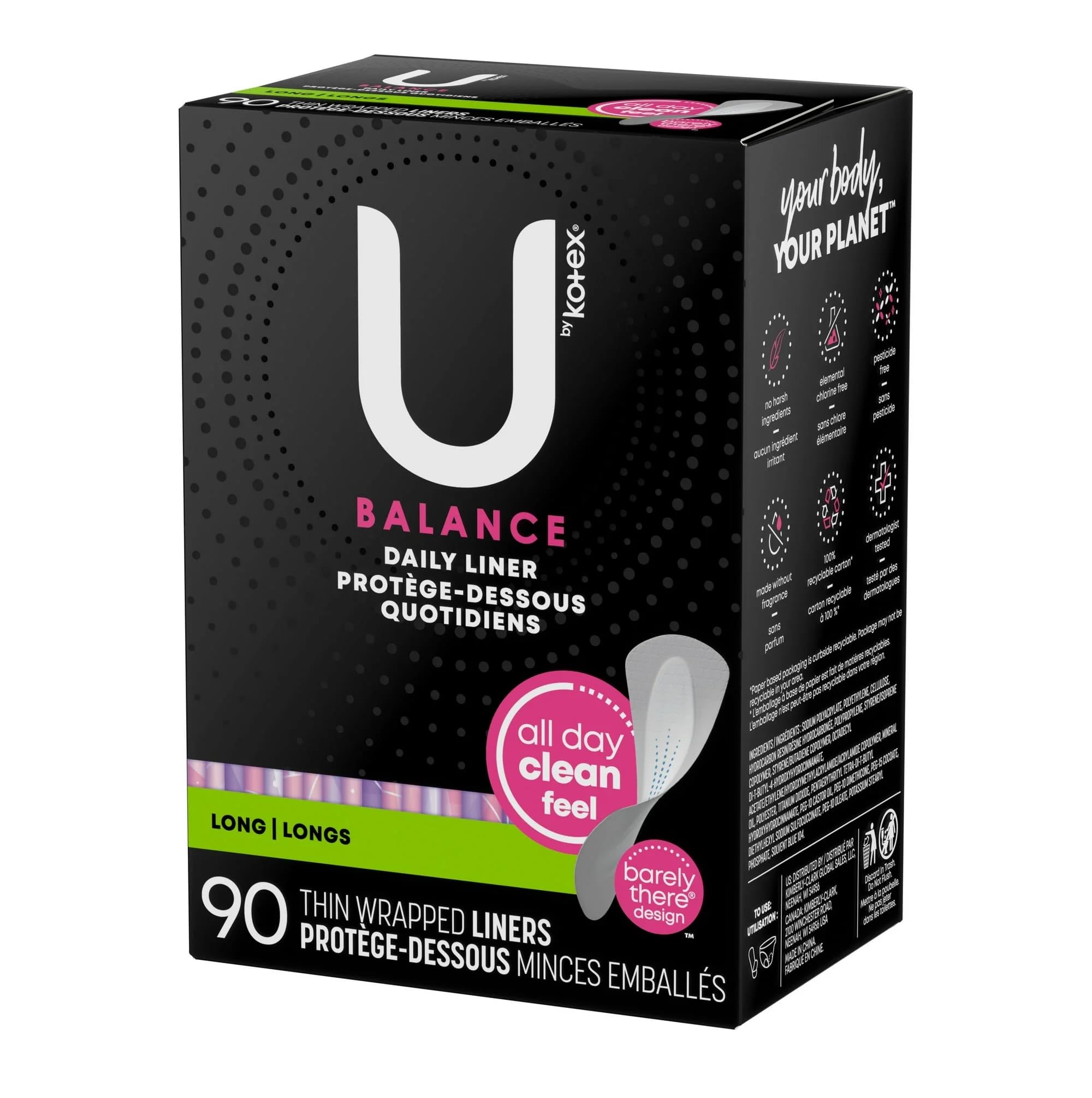 U by Kotex Balance Daily Wrapped Panty Liners Light Absorbency Long 90ct