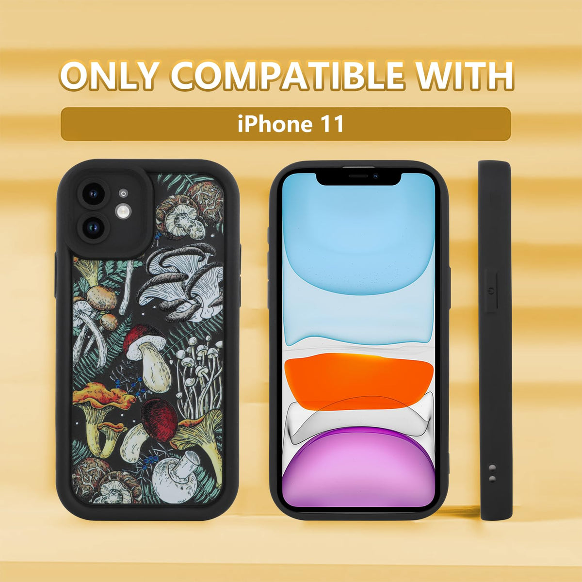 KANGHAR Black Case for iPhone 15 Pro Case, Cute Mushroom Art Design Soft TPU Shockproof Protective for Women Girls Slim Phone Cover