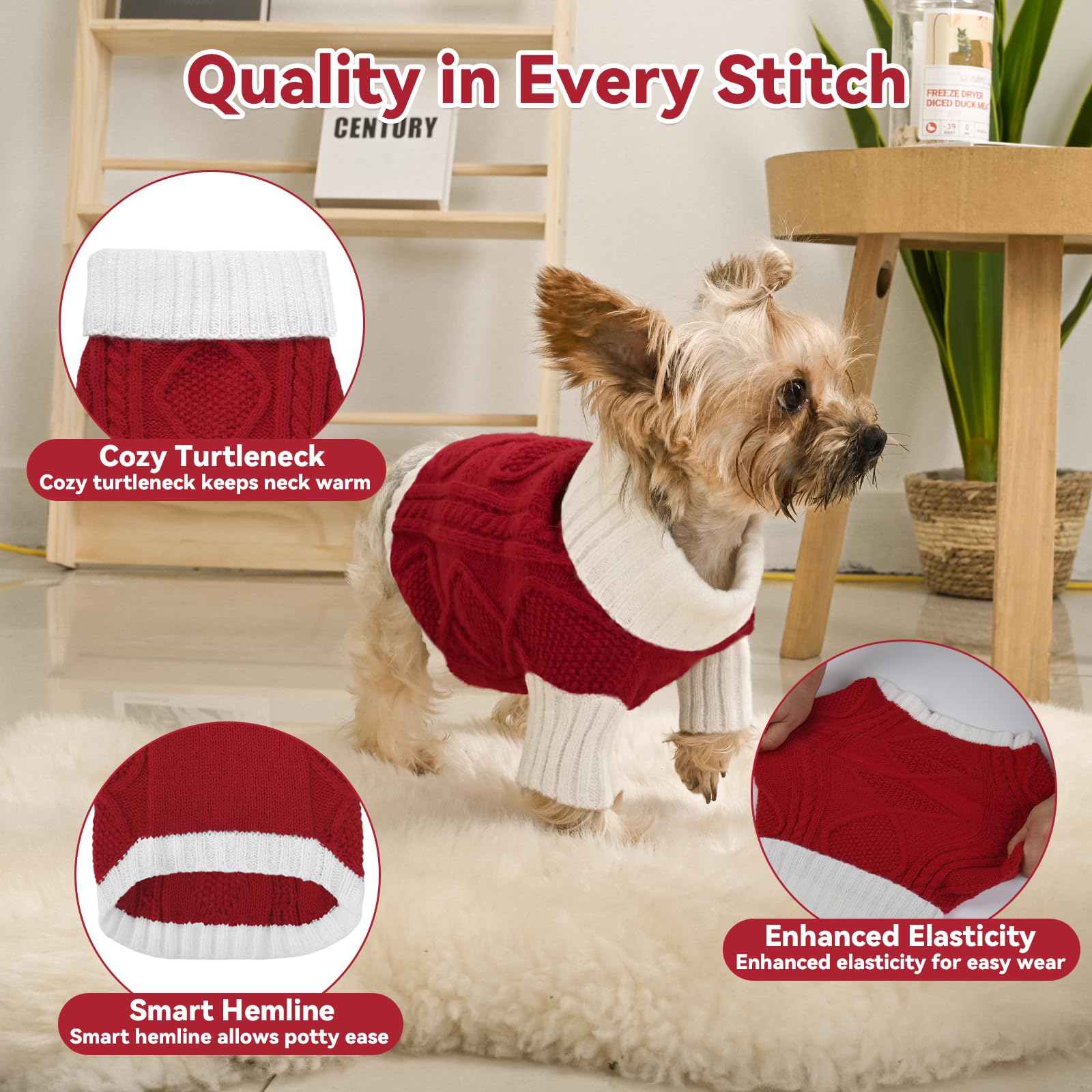 Lorehelina Dog Sweater Argyle Cable Knit Turtleneck Red Size S