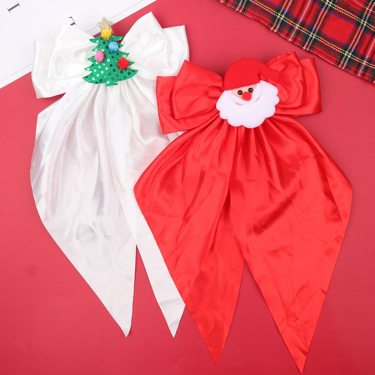 HIFANMM 2pcs Christmas Bow Hair Clips Xmas Tree Santa Claus Hair Accessories for Women Girls, Red White Big Bows Long Tail Hairpins Winter New Year Christmas Party Costume Supplies Decoration