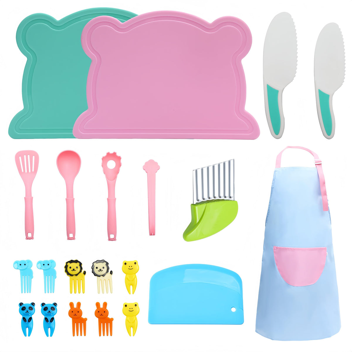 Kids Knife Set for Real Cooking 21 PCS Toddler Knife Set with Cutting Board, Crinkle Cutter, Cake Sscrapers,Apron,Serrated Edges kids kitchen knife set