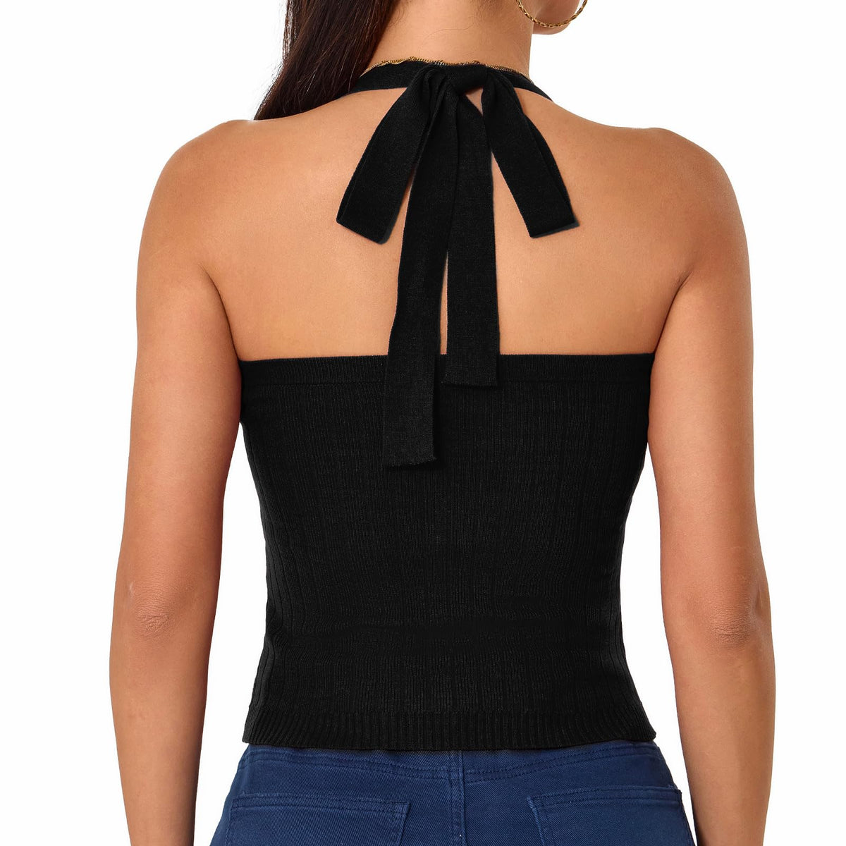 Betu Open Back Tops for Women Backless Going Out Tie Tank Top Ribbed Knit Sleeveless Fitted Crop Camisole Sexy Elegant Shirts Summer Basic Cami, Black, M