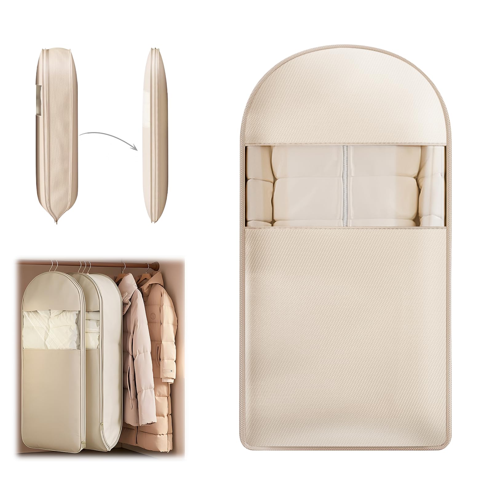 TPTAL Space Saving Hanging Garment Bag Beige with Self Compression Zipper