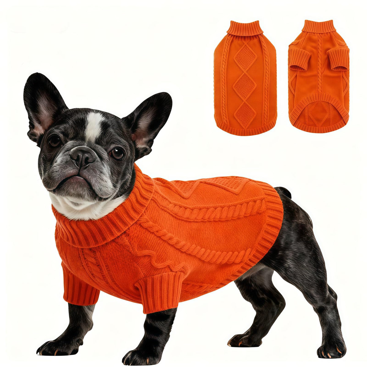 Christmas Dog Pullover Sweater, Cold Weather Cable Knitwear, Classic Turtleneck Thick Warm Clothes for Chihuahua, Bulldog, Dachshund, Pug, Yorkie (Orange Red, Large)