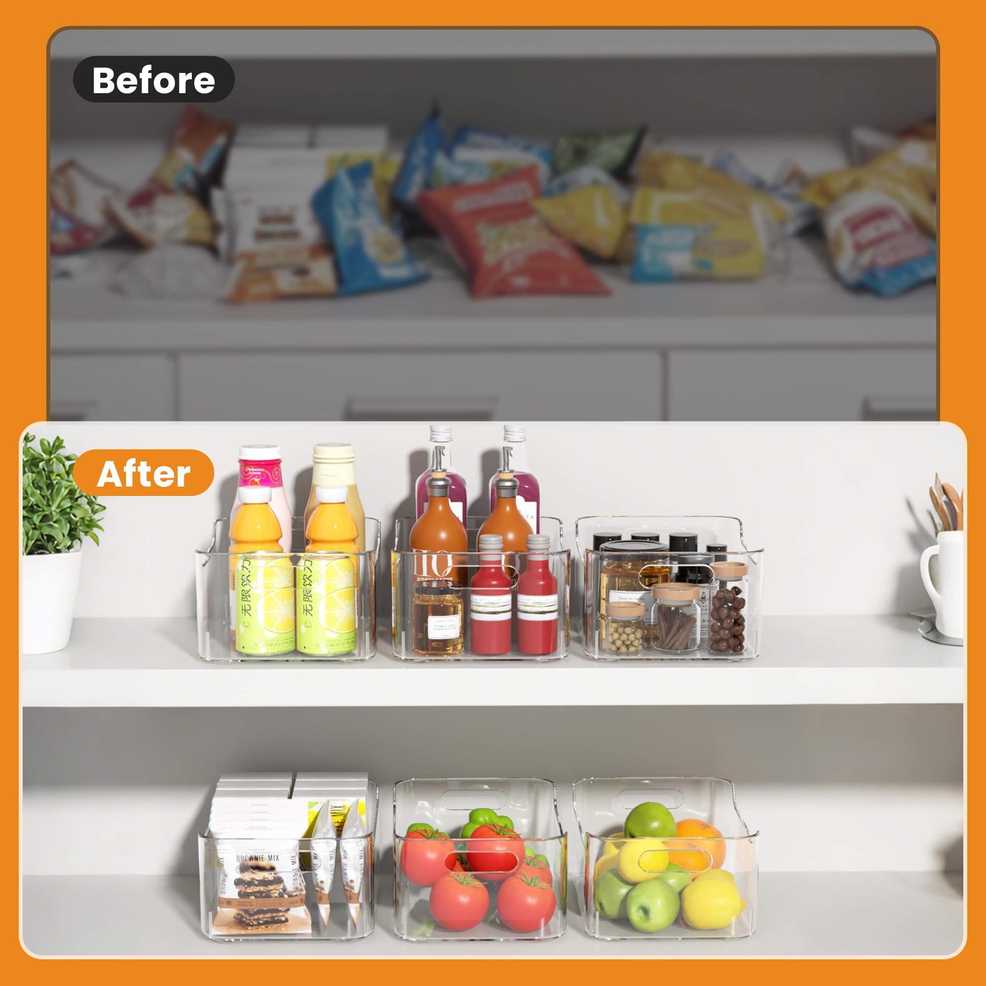 MERATIA Clear Plastic Storage Bins Pantry Organizer with Handle Large 4 Pack