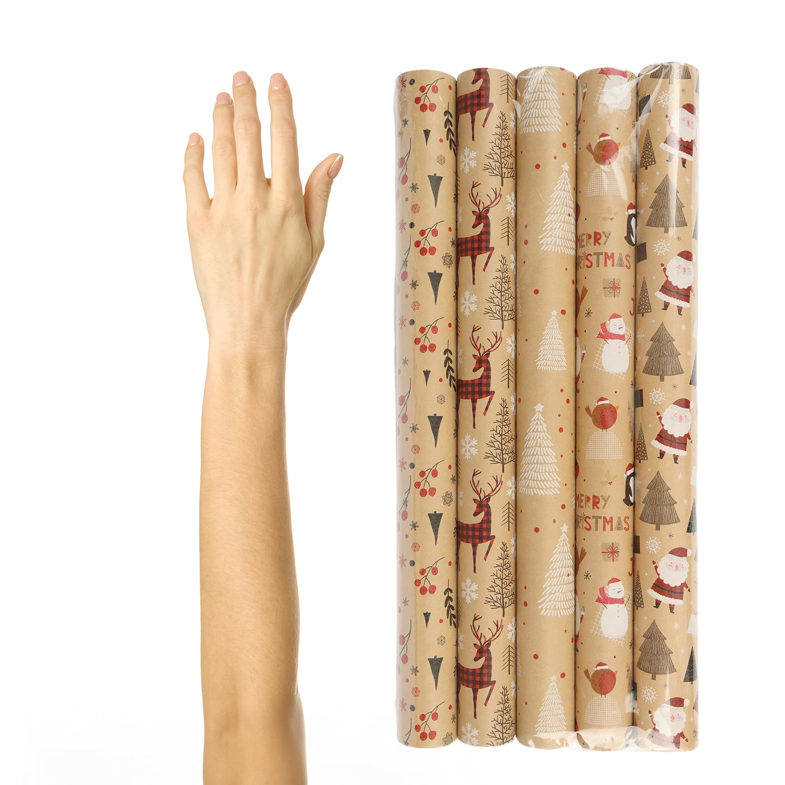 Qukou Christmas Wrapping Paper Kraft Brown Reindeer Woodlands 17ft x 50ft 5Rolls
